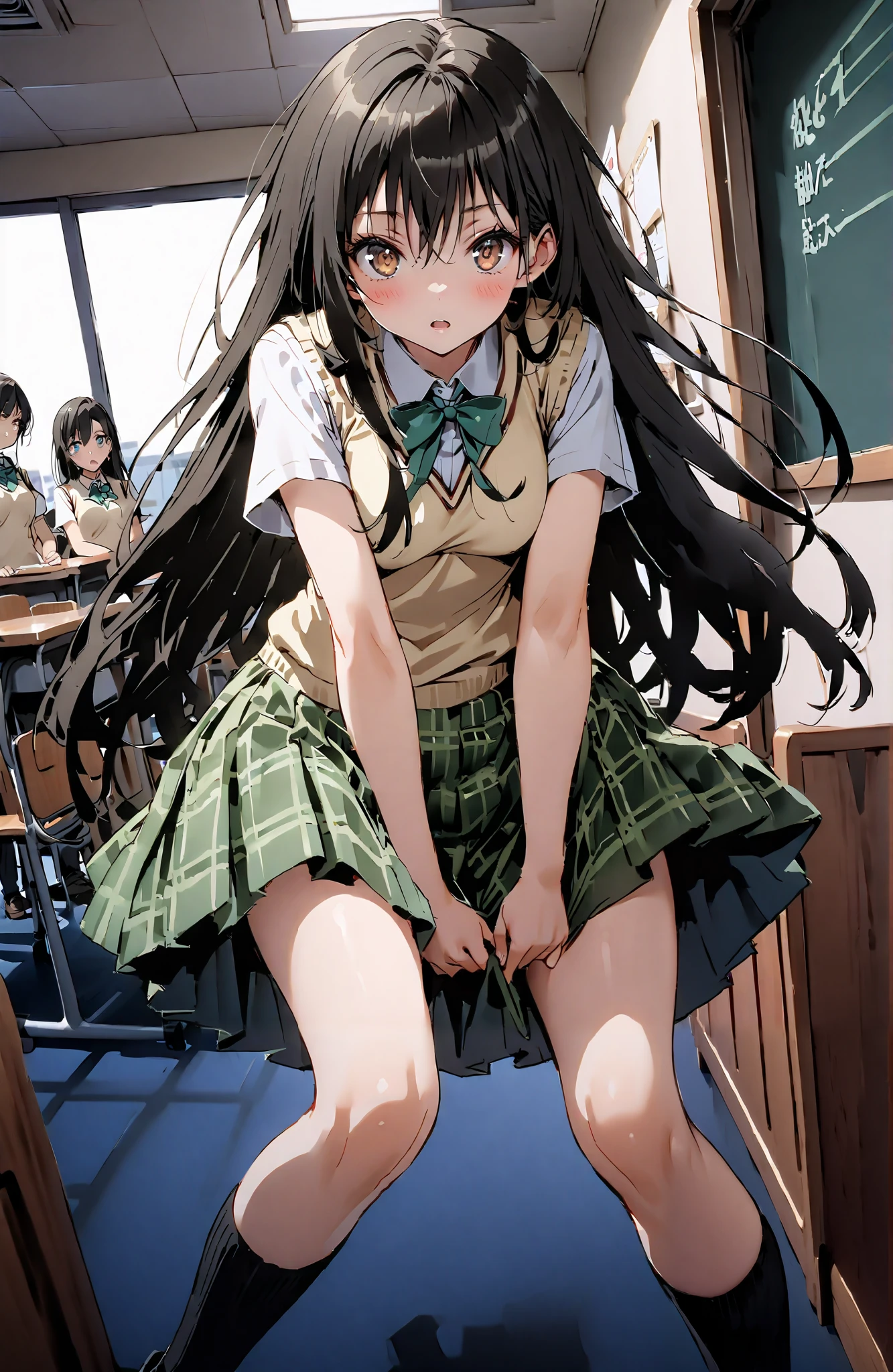 score_9, score_8_up, score_7_up, source_anime,
Yuikotegawa, Yui Kotegawa , Alone,black hair, brown eyes, long hair,
green skirt, thigh plaid, thigh plaid skirt, sainan high school uniform, school uniform, skirt, sweater vest, yellow sweater, Short sleeve, black high socks,standing,skirtタグ , eyelashes skirt tug,skirt,Lift of the Wind ,angry,embarrassing,blushes,open their mouths, machine,chairs, blackboard ,angle from below,full bodyがイラストに入るように,break indoors, classroom,
break looking at viewer,full body,
break (masterpiece:1.2),top quality , kampala, Unity 8K Wallpaper ,(shape:0.8),( fine, beautiful eyes :1.6),It's a person ,full body写真,CG Details , (perfect hands,complete anatomy),