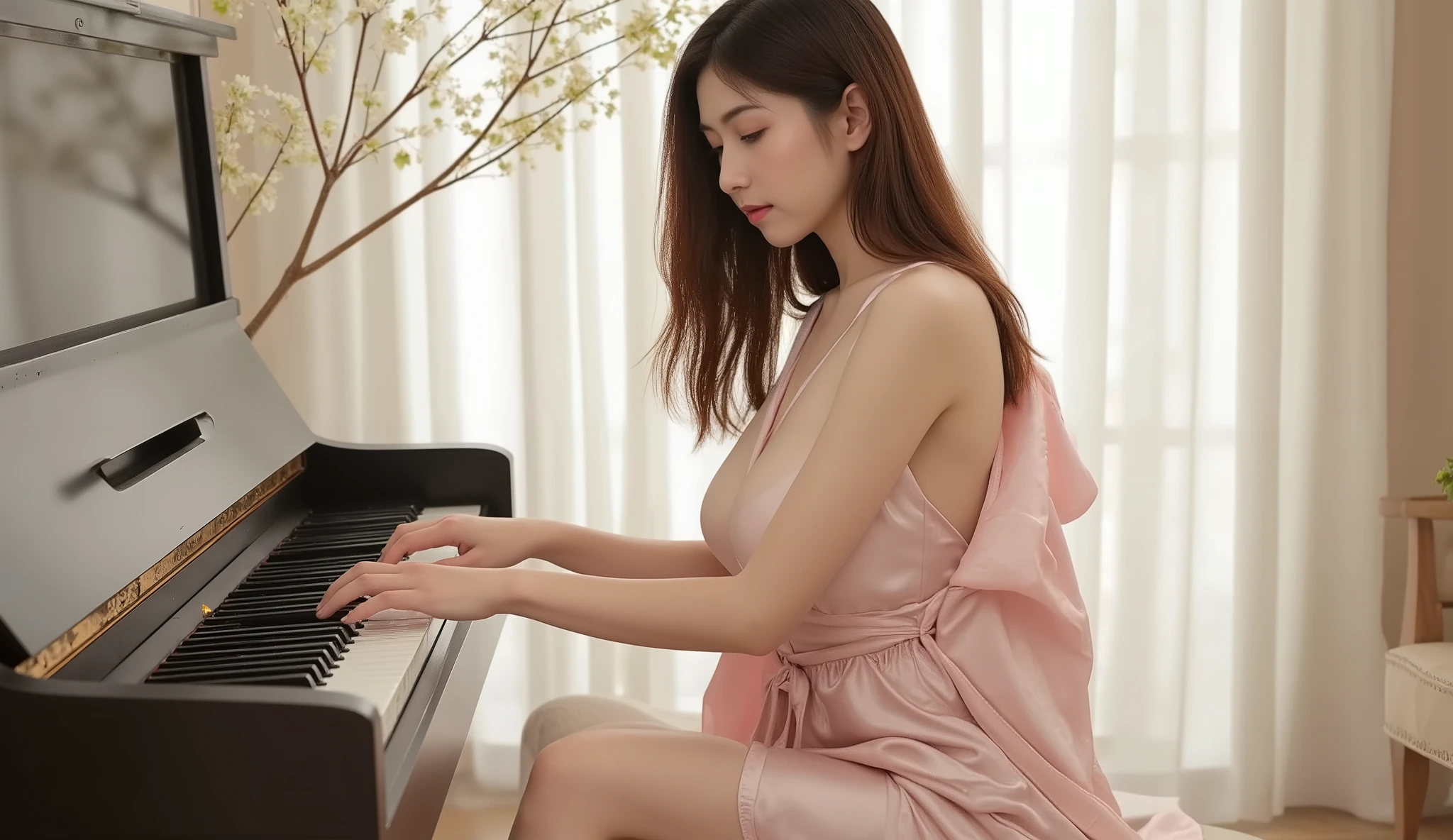 "A young Japanese doll-like pianist playing the piano in a minimalist setting, she is playing the piano divinely looking at the piano focused on her touches, with soft lighting and pastel tones. She has large and perfect breasts, a small, delicate and beautiful face, wearing an open silk robe. (body view up to the hip), The setting conveys tranquility and focus, with few elements around, highlighting only the pianist and the piano. The art should have a modern and elegant touch, similar to minimalist Japanese illustrations."ultra realistic, high quality, 8k