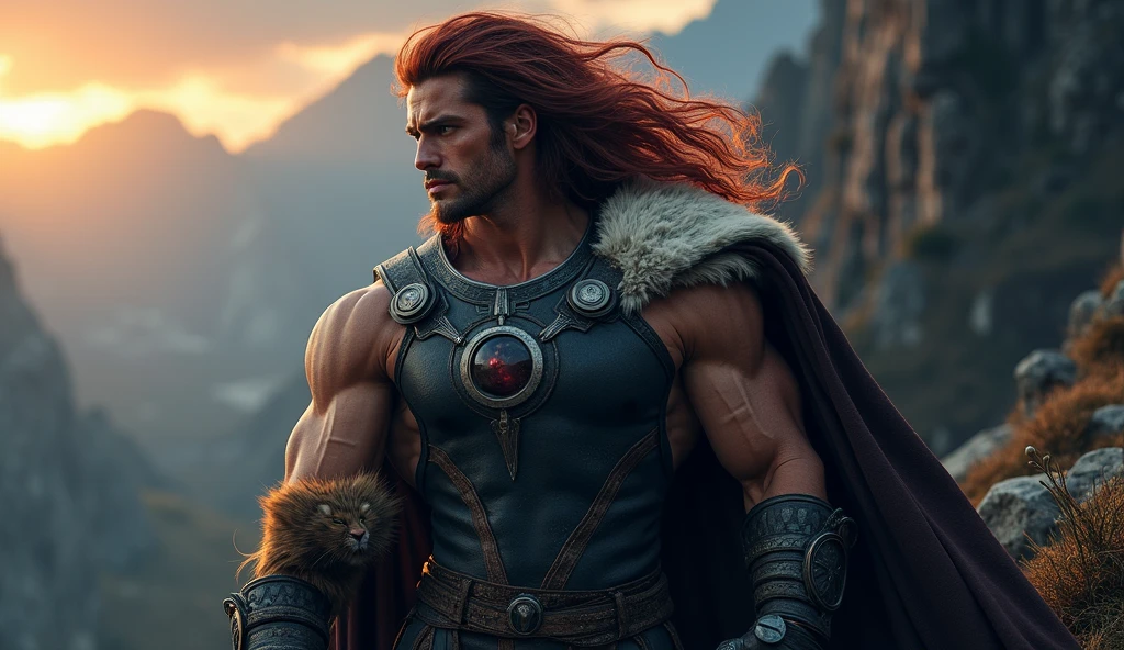 humanoid lion, cyborg, red moon, wolves background, work of art (work of art, best qualityer: 1.4), detailed back ground, white crystal, Chipboard Glass,Longhaire,jewerly, aretes, Miner, tails, red white hair, areola,work of art, best qualityer, work of art, best qualityer, Crie uma work of art impressionante com um vilão masculino ousado, adorned in a dark and elegant ensemble, with sharp strokes, olhos intensos, and a commanding posture, exuding an aura of malevolence and mystery that captivates and intimidates viewers, phenomenal aesthetics, sumptuous artwork, red multi-colored hair, hair ribbon, Surrealism, cinematic lighting, big plane, ultra HD, High details, eye details, hair details, greek gods, alone, 8K, natta, red moon, muscular male, Medieval warrior , Hyper resolution, light on your face, Possess heraldry, long hair, Miner soleil en or, god zeus, armed, Greek temples, Resolution 2.1