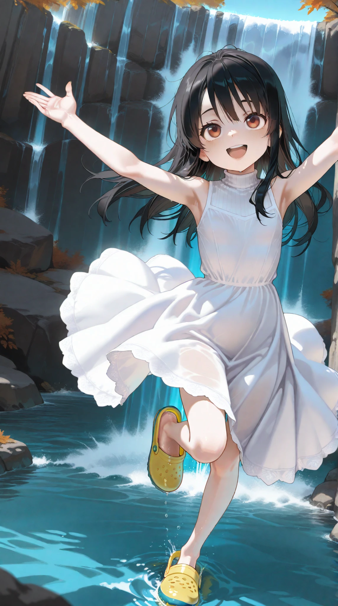 UHD, Super Detailed, High Quality, Best Quality, Masterpiece, High Resolution, Anatomically Correct, 1loli, petite, 1preteen girl,skinny. A 14-years-old junior high school girl facing viewer with a smile, long black hair, she wear a white turtleneck sun dress, and crocs shoe. she standing on one leg at riverbanks within the woods of the mountain, the water level is at the ankle , looking up at the waterfall, happy, open mouth smile, she seems carefree and joyfull, she raises her arms up in the air while lifting one of her feet, facing away, the shot was taken from a distance where it also captures the scenery dramaticly, 
