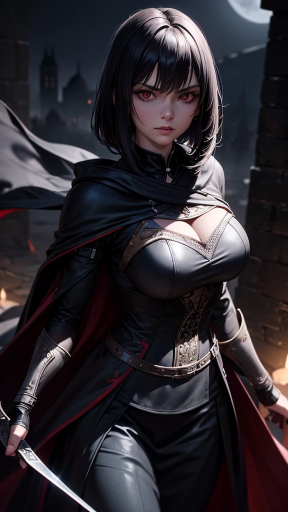 Little red riding hood transformed into an assassin from Assassin's Creed. shed her traditional cape, donning a sleek, black hooded outfit. Her red riding hood became a hood with pointed ends, blending into the shadows. She bore the insignia of the Assassin's Creed, a hidden leaf, on the hidden part of her hood. Her eyes sharpened, reflecting the intensity and focus of a highly skilled assassin. Her face, once innocent and rosy, was now masked by a veil of mystery and danger. Her lips were pressed into a thin line, her gaze unwavering, her demeanor cold and calculated. Her figure was lithe and