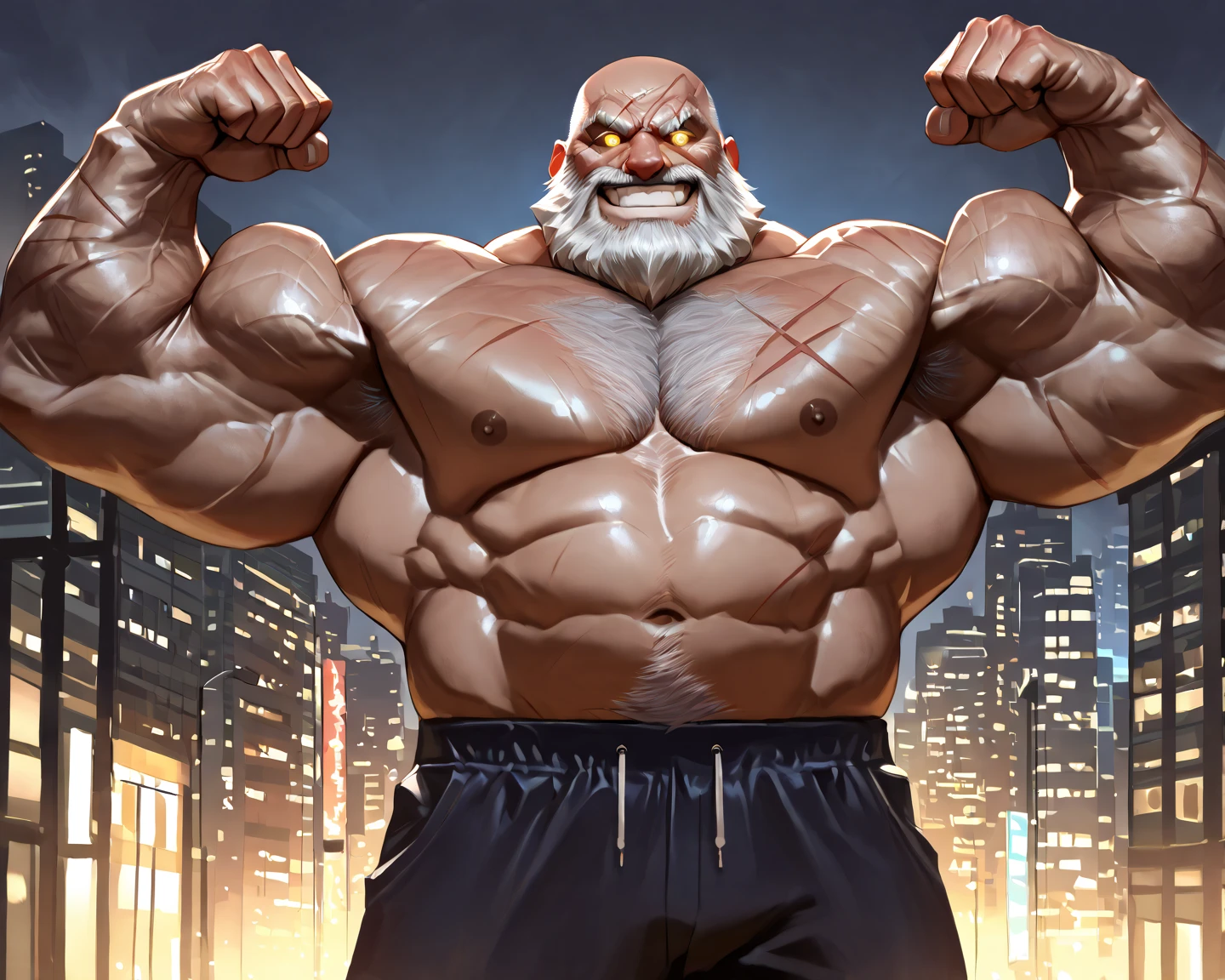 Solo, 1man, 1boy, old man in street city, old man, thick arm, huge arm, bearded. white hair and beard, bearded, muscular, pectoral, wide pectoral, realistic, 8k, masterpiece, (wearing shorts and shirtless, topless, shoes)