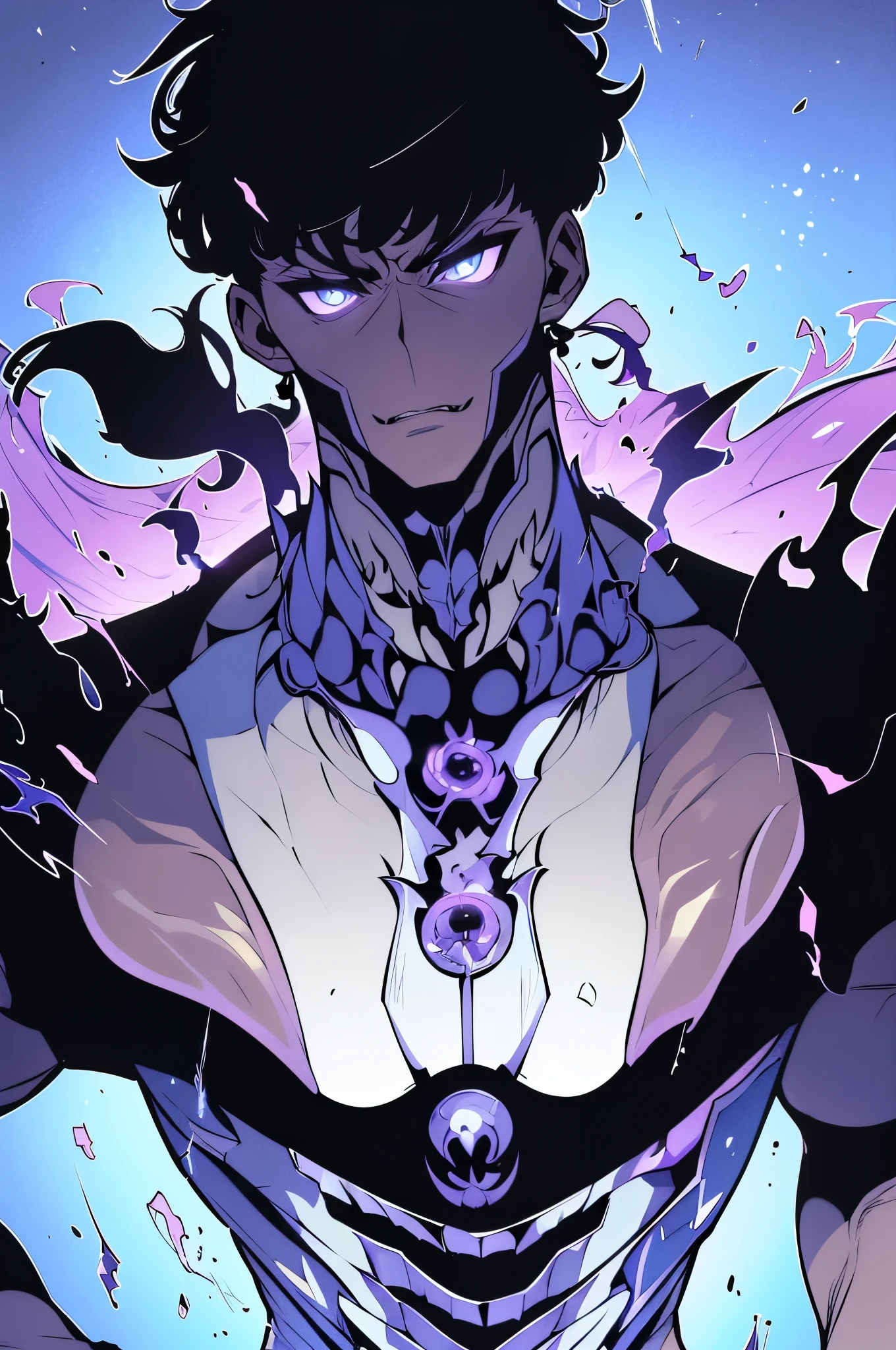 Create an illustration of an anime -style powerful young necromancer man, inspired by light soil aesthetics. It has a dark and intimidating look, with an athletic and defined physique, about 1.80m tall. Its skin is pale, almost cadaverous, but with a subtle shine. His eyes are of a deep and bright purple, radiating a dark power, similar to a spectral glow.
Her black hair is slightly clutched, falling over her forehead and shoulders, moving slightly as if she were under an invisible wind. Its countenance is cold and calculating, conveying confidence and a touch of mystery.