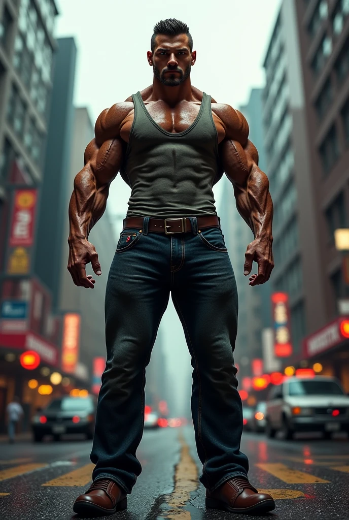 create a realistic picture of Tom Holland being a giant with big muscles
