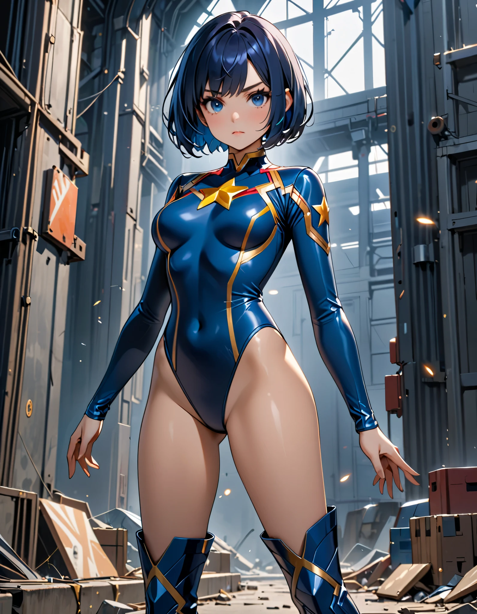 (masterpiece), best quality, highly detailed, detailed background, cinematic lighting, outdoor, 1girl, medium hair, medium breasts, leotard, bare legs, match boots, gloves, hands on hip, light particles, glow, superhero