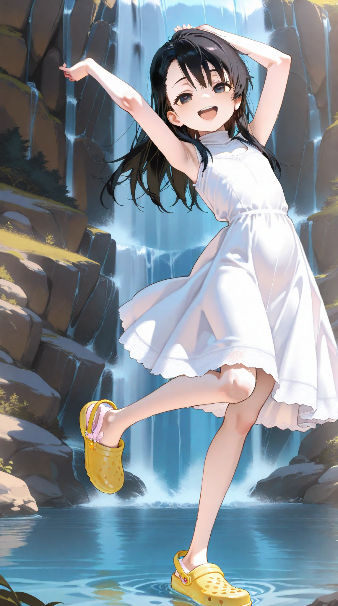 UHD, Super Detailed, High Quality, Best Quality, Masterpiece, High Resolution, Anatomically Correct, 1loli, petite, 1preteen girl,skinny. A 14-years-old junior high school girl facing viewer with a smile, long black hair, she wear a white turtleneck sun dress, and crocs shoe. she standing on one leg at riverbanks within the woods of the mountain, the water level is at the ankle , looking up at the waterfall, happy, open mouth smile, she seems carefree and joyfull, she raises her arms up in the air while lifting one of her feet, facing away, the shot was taken from a distance where it also captures the scenery dramaticly, 