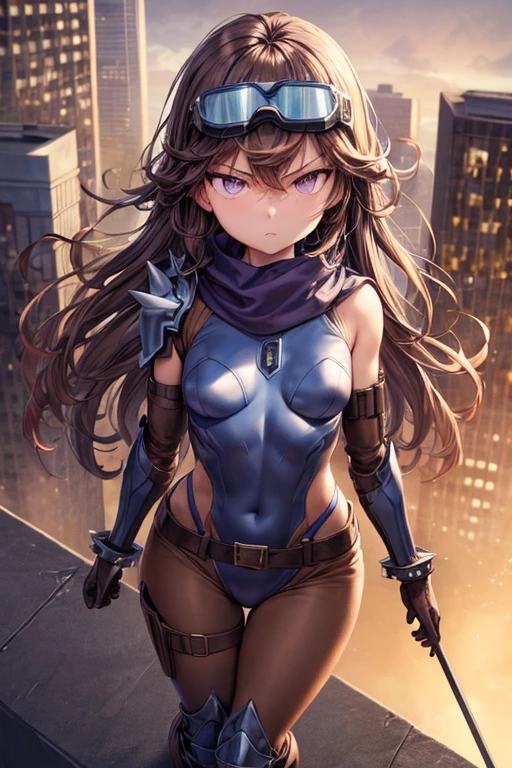 1girl, mature adult, solo, singe, solo focus, superhero, leotard, bare legs, boots, bracelets, single tight belt, city backdrop, standing, masterpiece, best quality, cowboy shot, full body shot, medium breasts, perfect anatomy, beautiful detailed eyes