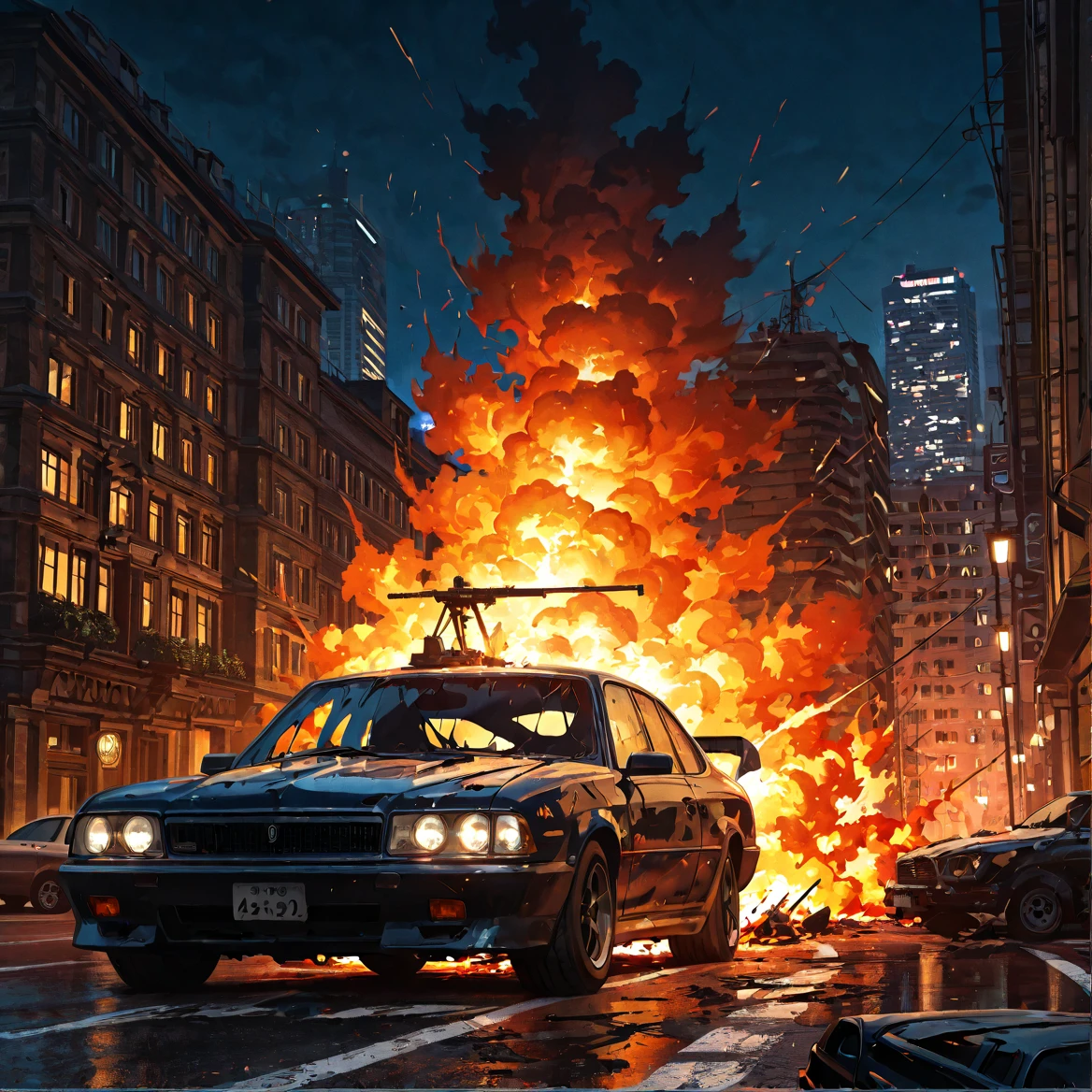 Under the full moon, epic disaster scenes, chasing vehicles, explosions, flames, cinematic lighting effects, masterpieces