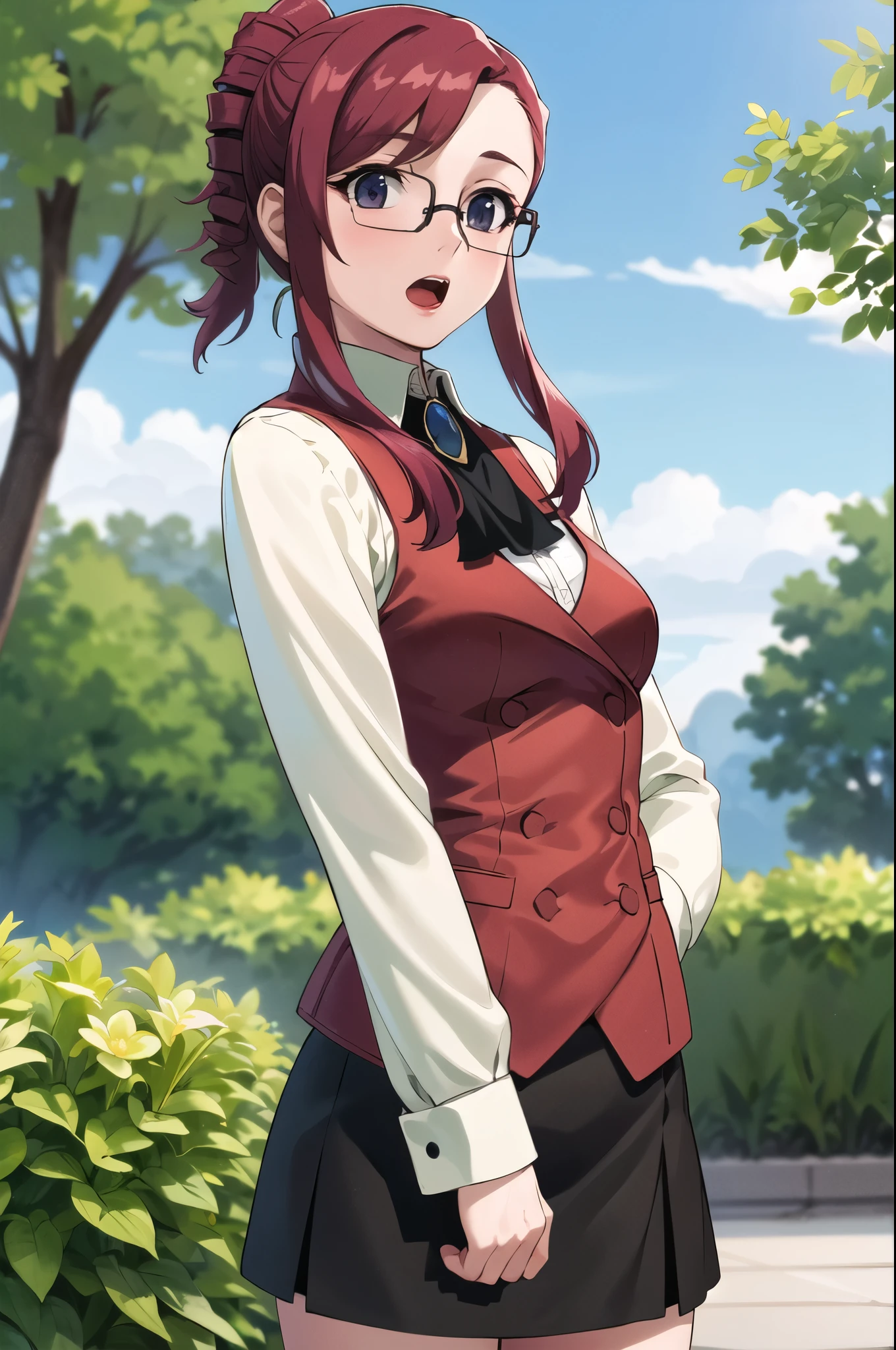 masterpiece, best quality, highres, km2, 1girl, red hair, sidelocks, brooch, jewelry, ascot, red vest, miniskirt, black_skirt, long sleeves, glasses, outdoors, garden, arms behind back, open mouth,
