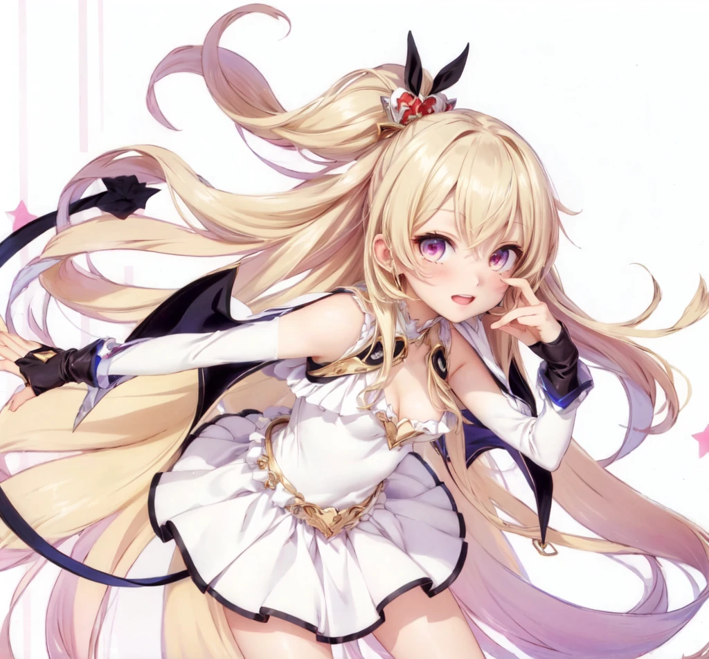 ((masterpiece)), best quality, ultra detailed,(1girl), long hair,beatiful background ,((a dress with white stockings on garters)), breasts, curvy body, smiling