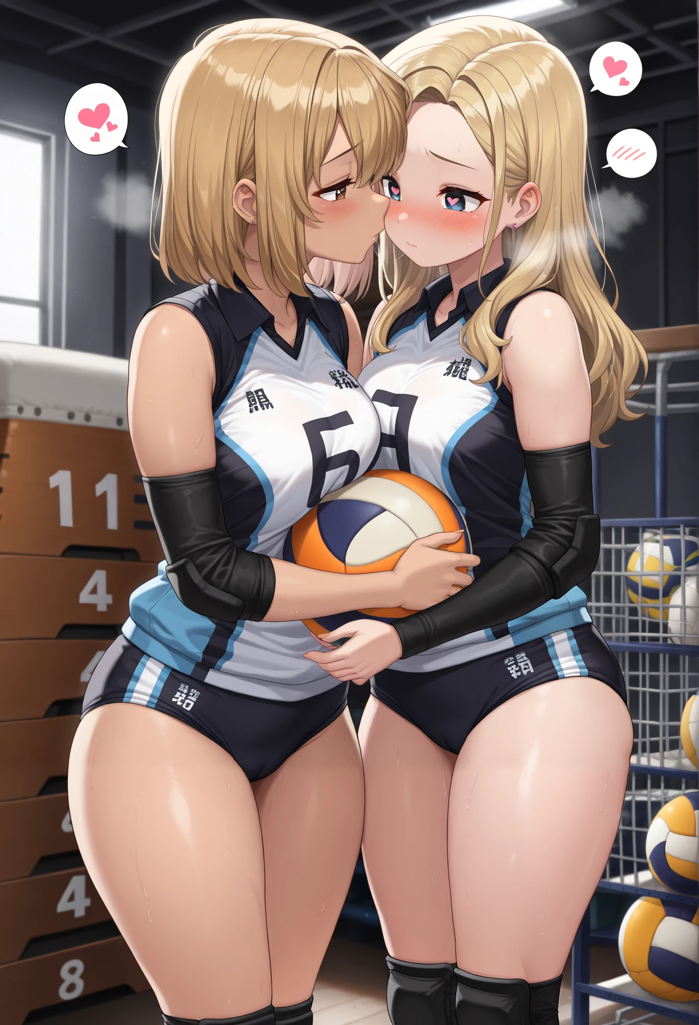 (best quality, masterpiece1.2), 2girl, blush, woman, sexy, detailed, extreme detail, perfect lighting, 4k, vivid colors,(((sitting on bed))),(((sitting))),bedroom,wooden floor,shinning wooden floor, wide hips, (large breasts:1.2) BREAK anime style, source anime,(legsless, armsless:1.2),smile,(centered),twintails,((sport shorts)),black top,multiple girls,kissing,lesbian,(((breasts press))),