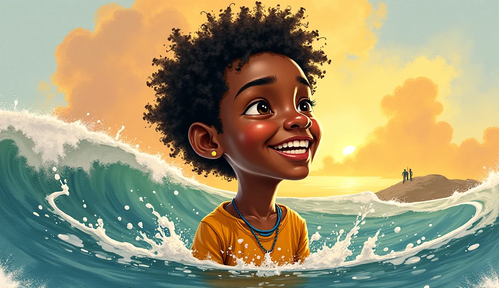 A young black teenager with long, messy hair on the beach, dipping her fingers into the crystal clear, icy water., the sky is blue and the sun is very bright, in the background of the image you can see small forests, I want vibrant and very eye-catching colors, comic book style.
