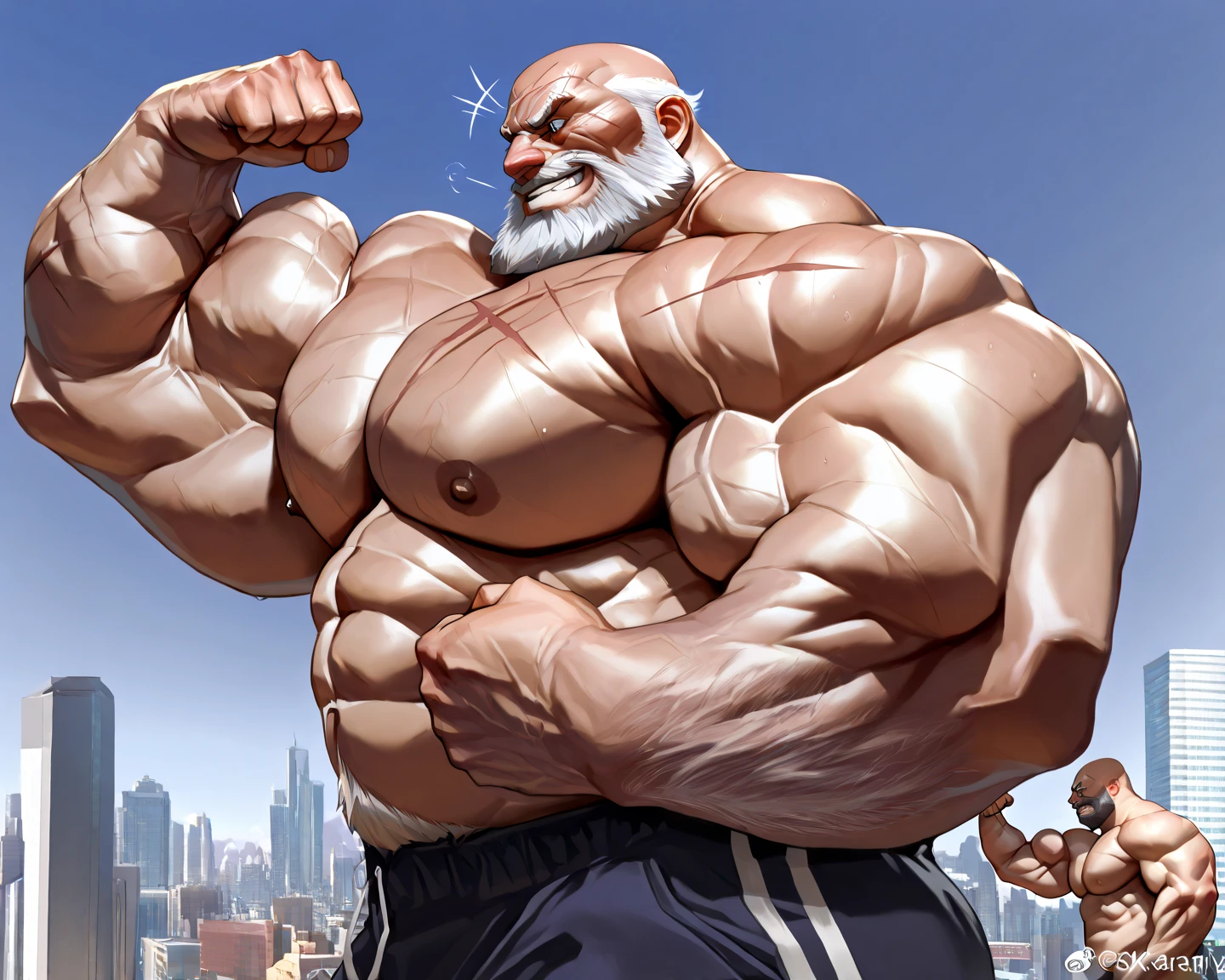 huge muscular old man in tokyo, white and short hair, white beard, old, old man, (chest hair, pubic hair,) grandpa, huge scar on chest:1.2, (huge muscular), detailed muscles, 8k, masterpiece:1.2, hyper realistic, white shorts:1.2, highly detailed full body, ((really big muscle, massive muscular, sixpack, thick arms, wide pectoral, super huge muscle, hyper muscular, over sized muscle, huge arms, big arms, huge pectoral)), soft ambient lighting, wrinkled skin, happy expression