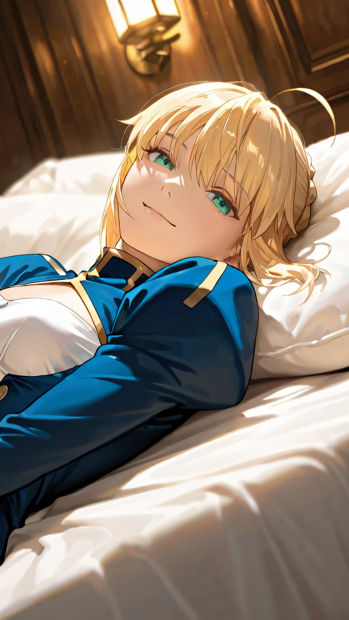 {{{masterpiece}}}, {{{best quality}}}, {{ultra-detailed}}, {illustration}, {{an extremely delicate and beautiful}} beauty,portrait, masterpiece, best quality, amazing quality, very aesthetic, high resolution, ultra-detailed, absurdres, newest, scenery, cute, {Prompt}, BREAK, depth of field, photorealistic, masterpiece, best quality, amazing quality, volumetric lighting 1girl artoria pendragon, artoria pendragon \(fate\), saber, blonde hair, green eyes, ahoge, sidelocks, , small breasts, best quality real texture skin blue dress, (white shirt:0.8), long sleeves, juliet sleeves, long dress smile lying onBACK bedroom
