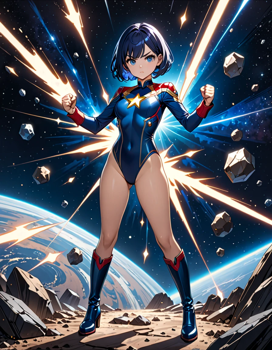 masterpiece, best quality, 1girl, superhero, ((leotard, dark blue leotard)), long sleeves, bare legs, boots, dark blue boots, matching boots, medium breasts, diffraction spikes, light particles, standing, standing straight, dark blue hair, ((short hair, bob hair)), blue eyes, beautiful detailed eyes, beautiful detailed face, cute face, (perfect hands, complete fingers, perfect anatomy, perfect proportions), heroic, ((star symbol on the chest)), serious, full body with costume, full body, cowboy shot, ((raised arms, spins fast in place like a tornado, she spins at an incredible speed, creating a whirlwind of air around her, cyclone spinning, spiral lines, spinning energy pulse around her)).