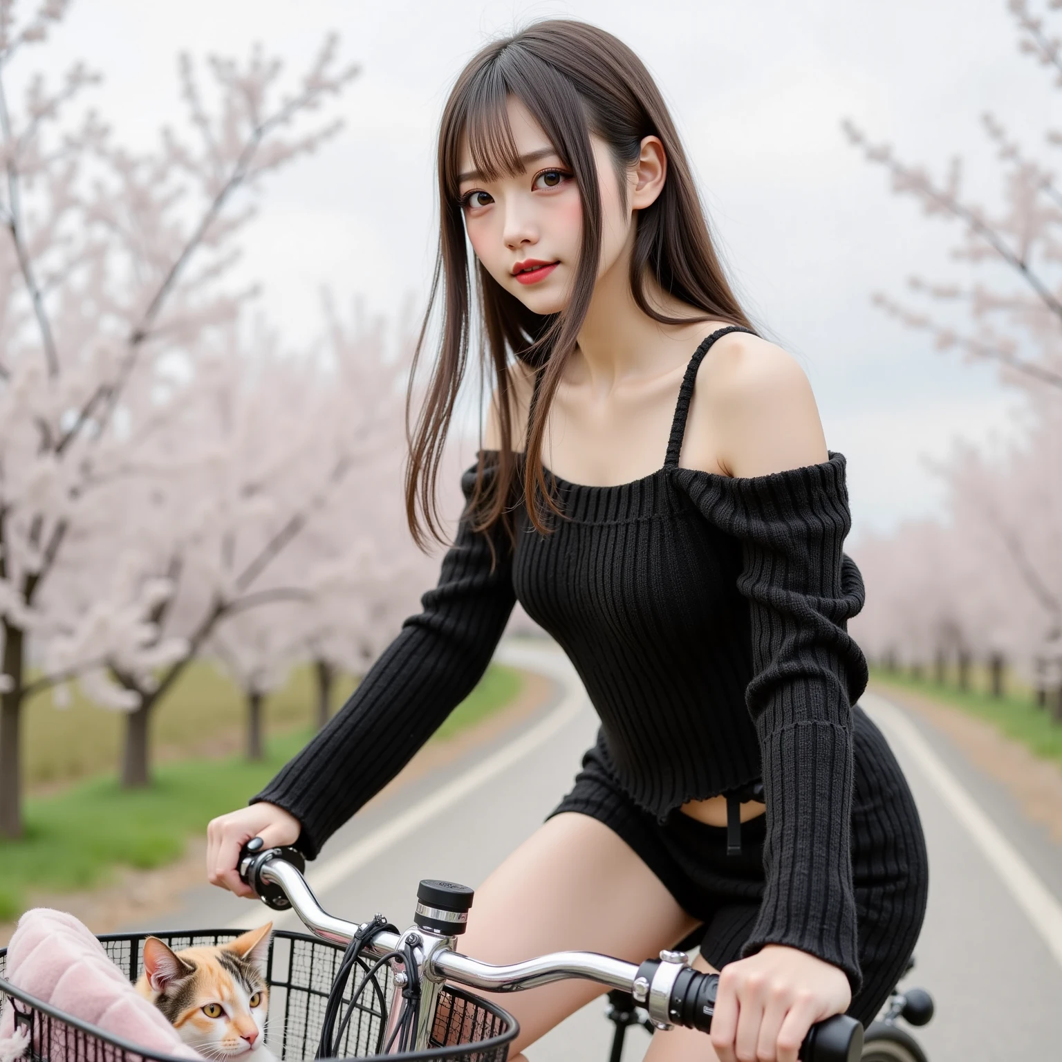 An incredibly charming 1 girl, big hips, big booty, big breast, amazing body, wearing hot black lace lingeries, riding on girls bicycle, sitting position on a bicycle saddle, accompanied by adorable cat on basket bycycle, enjoying a lovely spring outing surrounded by beautiful flowers and natural scenery rice field. The illustration is in high definition at 4k resolution, with highly-detailed facial features and real foto-style, visual Butterfly Dance, brown hair, side drill, eye reflection, sanpaku, smile, makeup, high detail, god rays, Fujicolor, super detail, UHD, HD