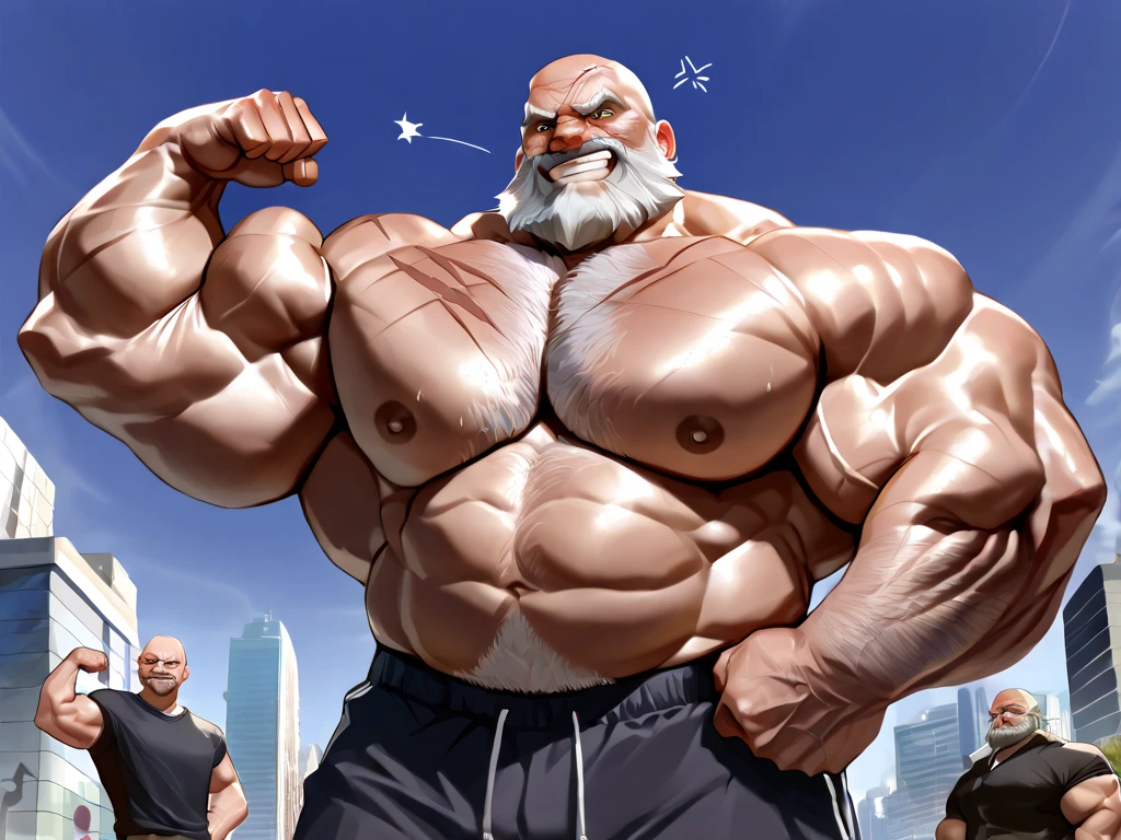 "Solo, a massive and muscular elderly man strutting confidently through the bustling city streets, exhibiting his Herculean physique, shirtless and awe-inspiring."