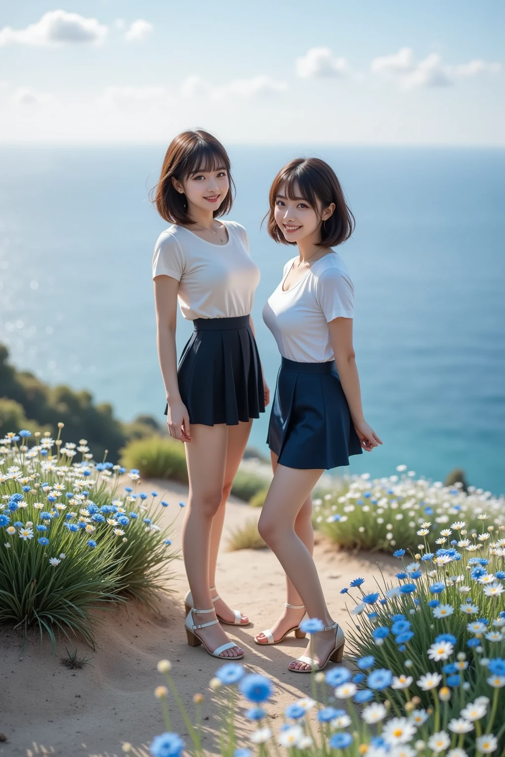 wallpaper, Clear Face, (masterpiece), town, blue sky, 一people々Girl, people々々Guide in the right direction, smile, 一people々in, Sailor suit、Long skirt, Overgrown, petal, plant、Skirt lining、White slip、nostalgic、pantyhose、You can see the sea in the distance, Crotch close-up