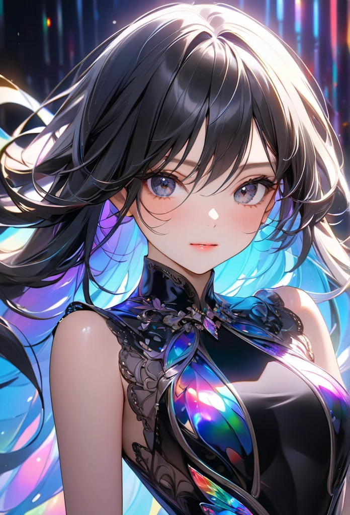 (Tabletop, highest quality), More Metal、Black hair、Twin tails、Black clothes、profile、Beautiful hair ornament, attractive, Big beautiful eyes, (Fine grain, Jewel-like eyes, Sparkling eyes:1.3) , A kind smile, perfect slim fit body, Iridescent sky, (Outdoor), Bright colors, (risograph)