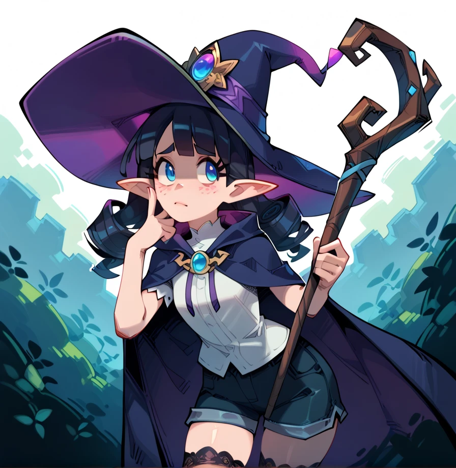 best qualtiy、(From Side)、1girl in、Baby face、Smile with open mouth、Cute Wizard、Round cute eyes、big eye、Sauce order、Beautiful purple eyes、Rabbit ears、Wizard's Clothing、Armor、The wizard's big wand、Colossal tits、cleavage of the breast、Wizard Hat、micromini skirt、Perch Pose、simple background、