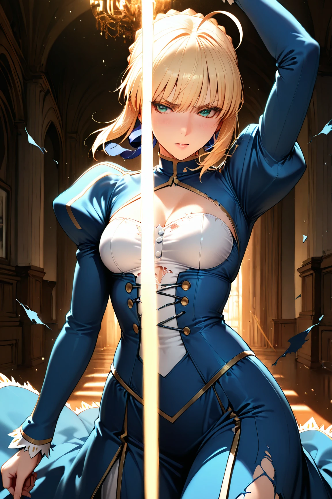 by yoneyama mai, 1girl, solo, cowboy shot, looking at viewer, arm up, smile, parted lips, halterneck dress, saber \(fate\), best quality