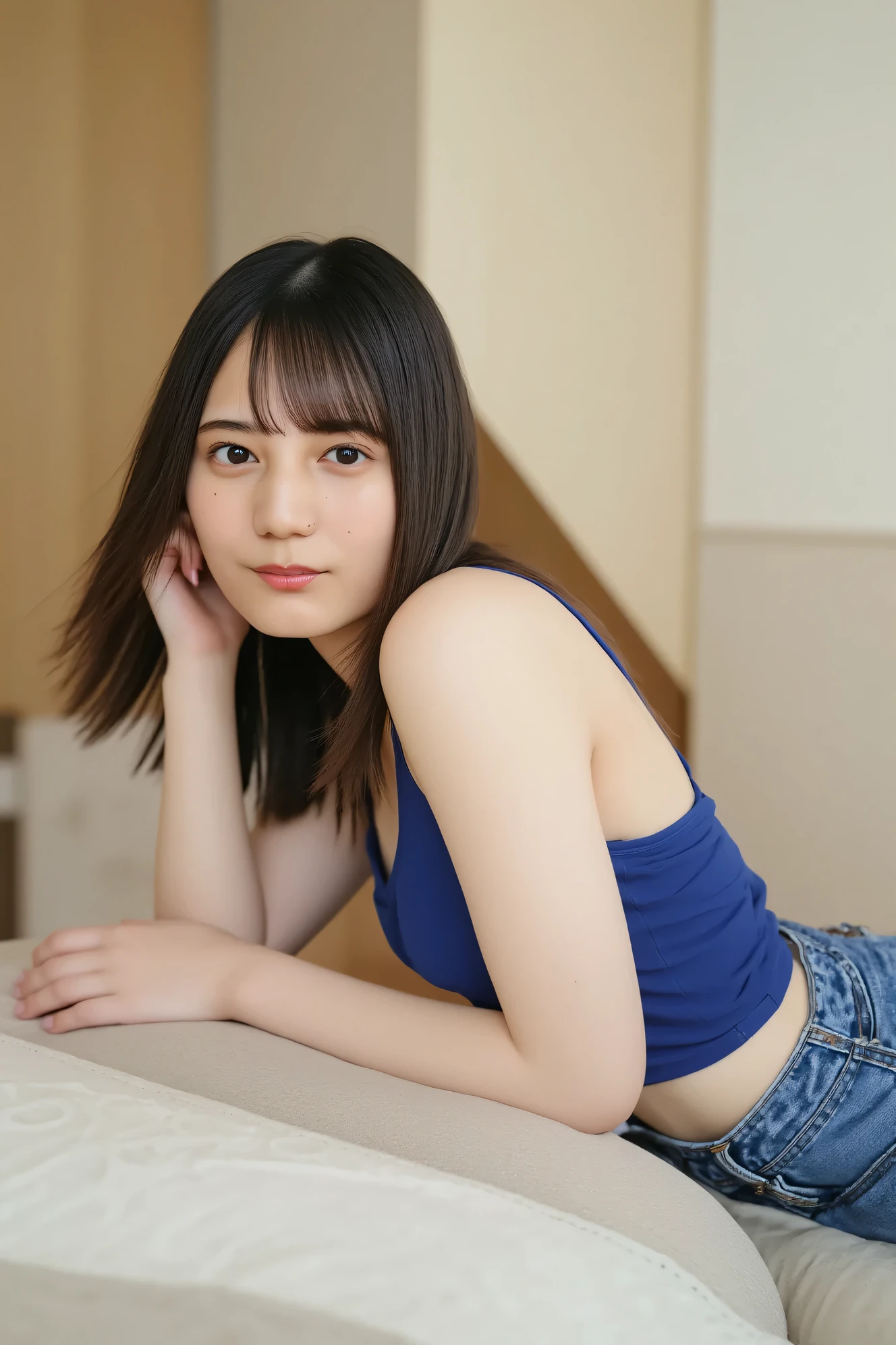 ((( High Resolution , top quality, very well detailed, masterpiece , highly detailed photos , realistic , Real people , Ultra precise skin ))) , , ( from the front ) , full body , Advance Shot , Viewer , ( giggle face ) , { wearing the sports bra and short-denim : 1.8 } , black hair , medium hair , medium breasts , { lying on one’s back, from side : 1.8 } , the dark hours of dawn , (( tuck hair behind the ear : 1.8)) , { nsfw },