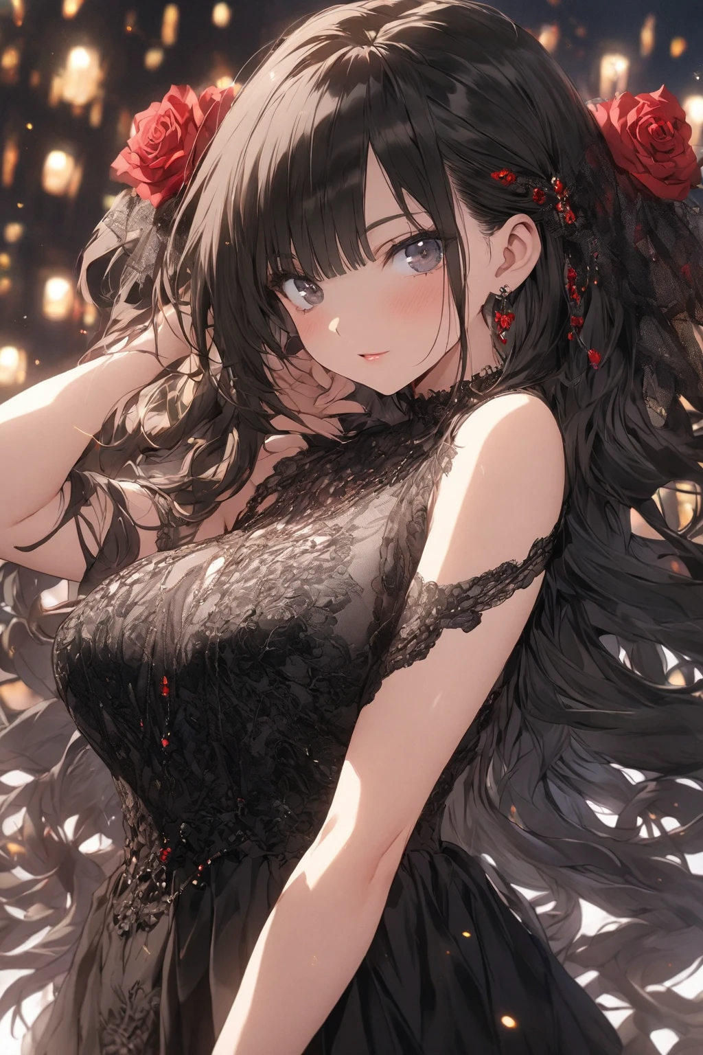 ((highest quality)),(ultra high resolution),(Super detailed),(detailed description),((best CG)),(best work of art),super precision art, great drawing art,(Art with precise details:1.5), (1 woman:1.5), beautiful and well-shaped face:1.5,(Beautiful skin with precise and detailed depiction:1.6),(Very precisely depicted black sheer Pyjama nightdress:1.5),provocative angle:1.6,gorgeous, beautiful young teenage girl, 13 years old, tanned white skin, loose and flowing silky thigh-length negligee sleepwear, short shoulder length hair, sleek dark violet-black hair, Pixie cut hair, big round velvet colored eyes, fringe bangs over forehead, oval shaped face, sharp facial features, high-bridged nose, full cherry pink lips. medium height(172cm). D-cup breasts, small narrow waist. small delicate curvy hips, smooth silky thick thighs, large round ass, hourglass figure, slender and slim build, standing upright, full body picture, hip-level shot. classy and opulent bedroom setting