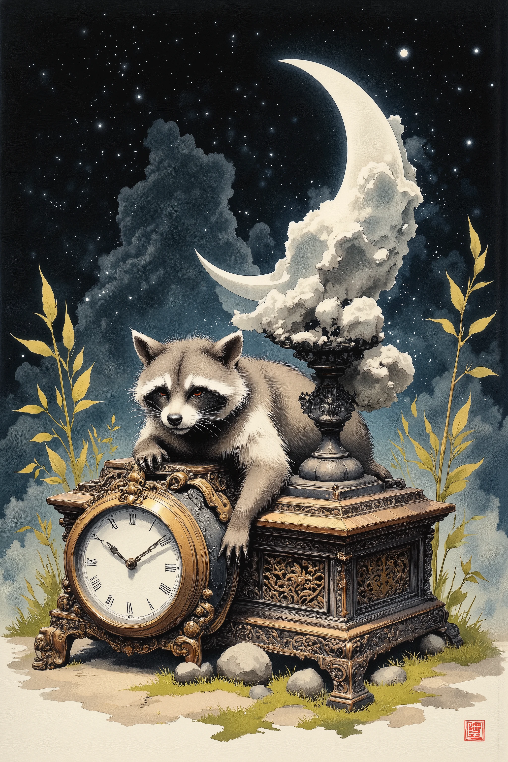 ArsMJStyle, Zen Ink Wash Sumi-e,Raccoon and Kagami Clock,(News style),月、ススキ