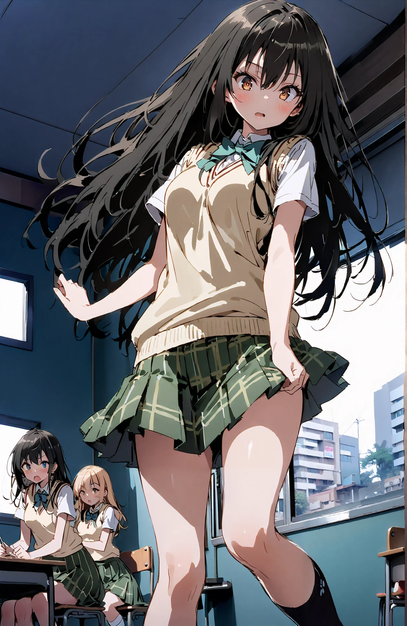 score_9, score_8_up, score_7_up, source_anime,
Yuikotegawa, Yui Kotegawa , Alone,black hair, brown eyes, long hair,
green skirt, thigh plaid, thigh plaid skirt, sainan high school uniform, school uniform, skirt, sweater vest, yellow sweater, Short sleeve, black high socks,standing,skirtタグ , eyelashes skirt tug,skirt,Lift of the Wind ,angry,embarrassing,blushes,open their mouths, machine,chairs, blackboard ,angle from below,full bodyがイラストに入るように,break indoors, classroom,
break looking at viewer,full body,
break (masterpiece:1.2),top quality , kampala, Unity 8K Wallpaper ,(shape:0.8),( fine, beautiful eyes :1.6),It's a person ,full body写真,CG Details , (perfect hands,complete ),