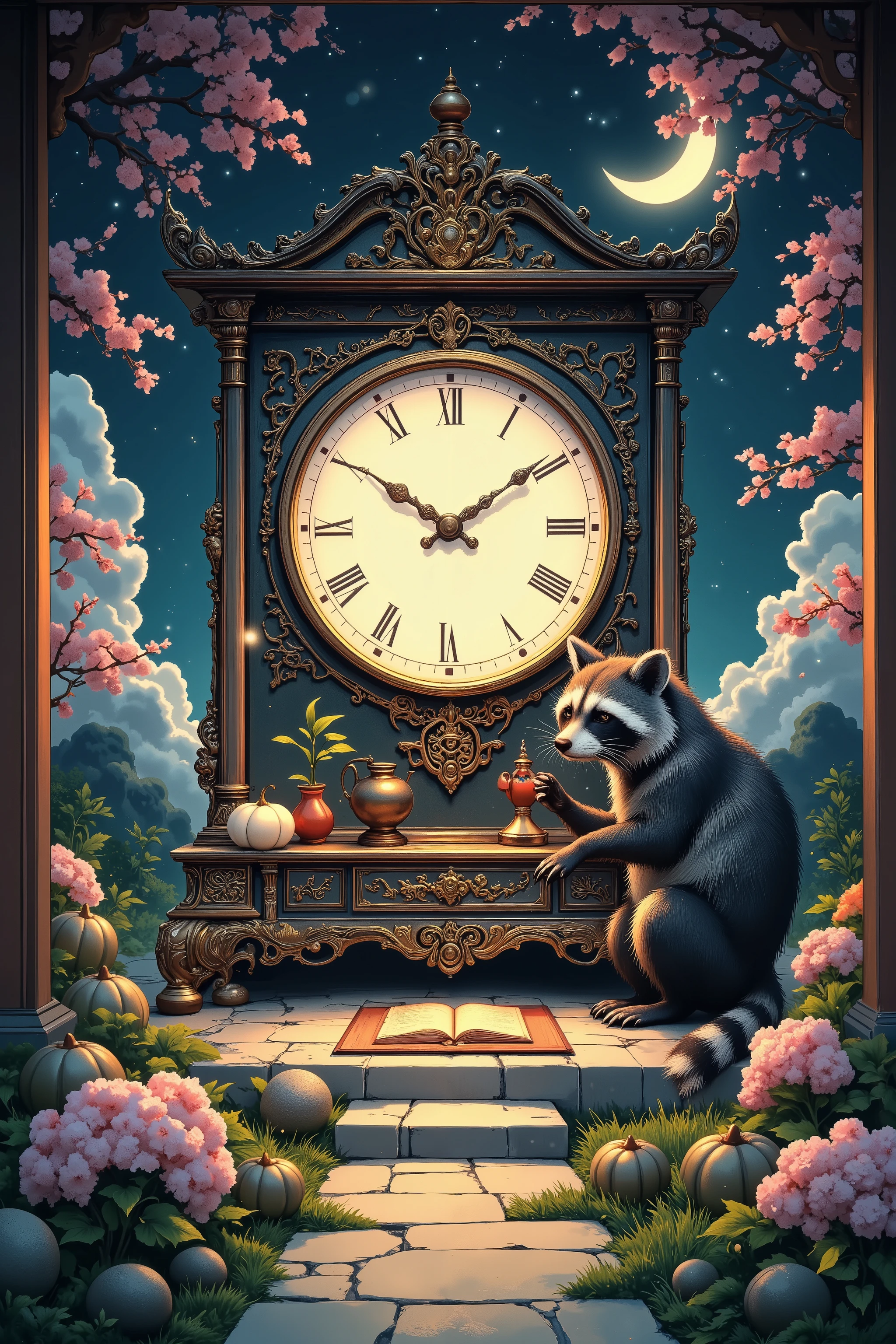 ArsMJStyle, Zen Ink Wash Sumi-e,Raccoon and Kagami Clock,(News style),月、ススキ