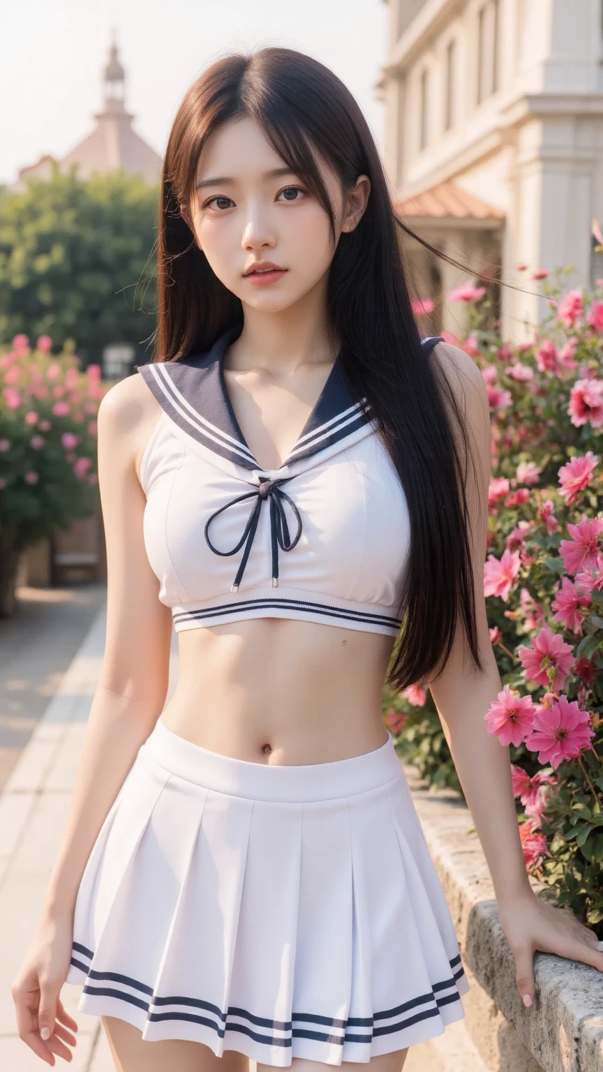Super beautiful eyes、innocent face, (((realisitic)))a picture, masterpiece, top-quality, 1girl in, a slender waist, top-quality, pale-skinned, Black background, (Face and eye details:1.1), Unique, (masterpiece, highest quality: 1.2), alone, 1 girl, sailor saturn, Magical girl, shut up, look at the audience, put your hand on your waist, sailor warrior uniform, pleated skirt, elbow bag, jewelry, (((brooch)), collar, purple eyes, space background universe, milky way, whole body, distance composition, ((small purple flowers)),((white panties)), showing tits, medium breast, torch clothes, showing sexy breast and pussy