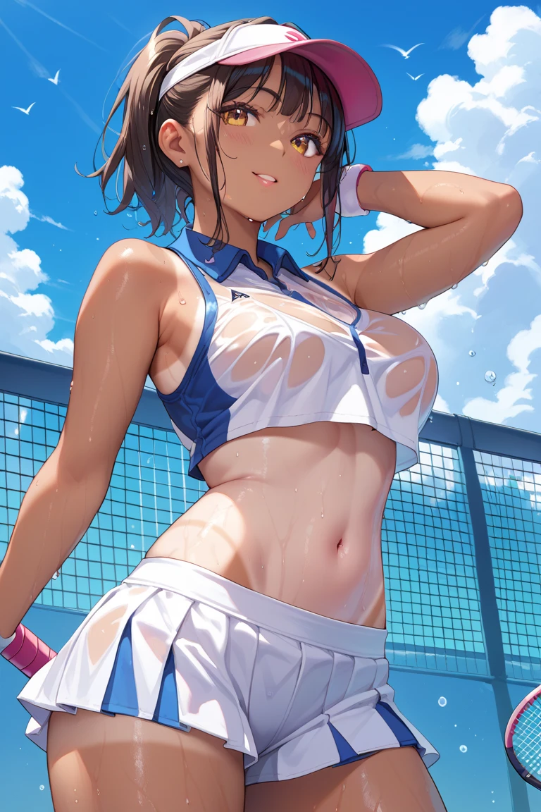 woman, 1girl, solo, breasts, thighs, neon palette, cleavage, sports bra, detailed face, colorful clothing, park, sky, trees, ttpt-fc ,