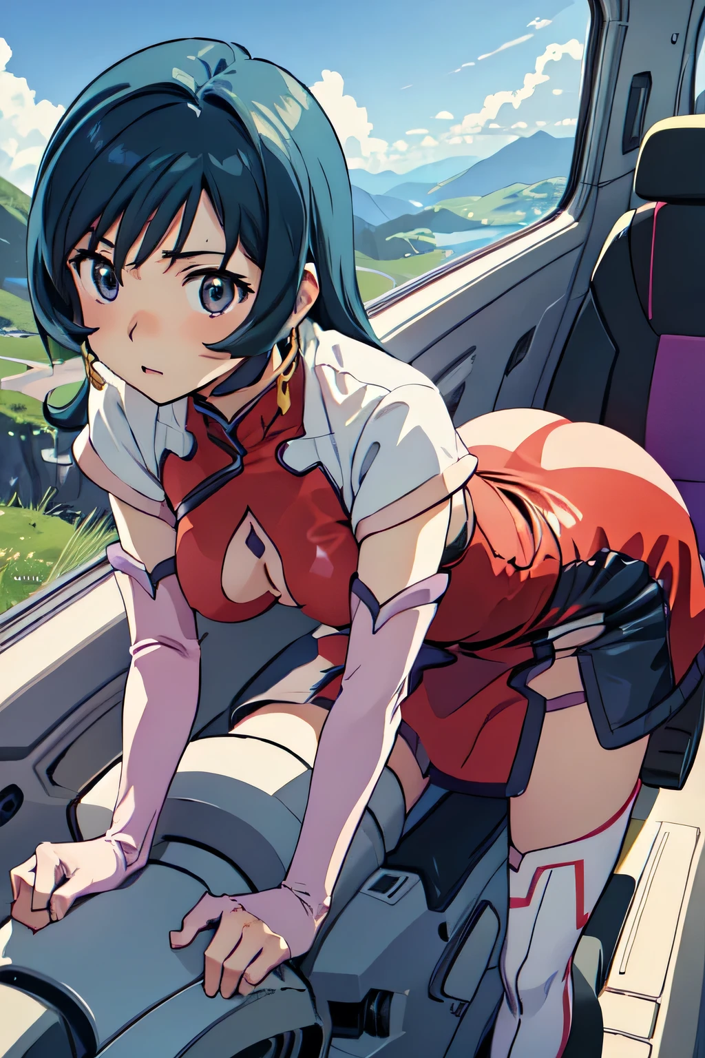 score_7, score_8_up, score_7_up, source_anime, 1girl, solo, looking at viewer, EPngeKatsuragiMisato, purple hair, brown eyes, long hair, smile, detailed background, cowboy shot, long sleeves, dress, jewelry, medium breasts, jacket, :d, thighs, open clothes, necklace, black dress, open jacket, v, short dress, cross, red jacket, cropped jacket, w, cross necklace, cockpit, ass focus, ass grabbing in aggressive way, hands on ass