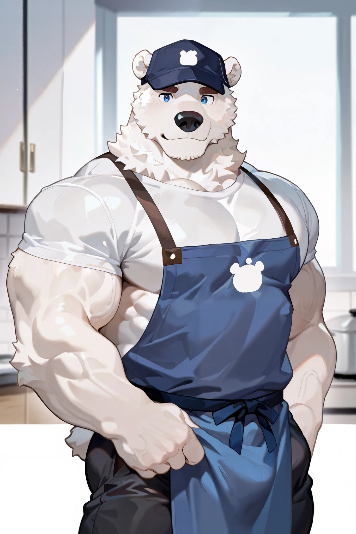 1 boy , alone, human furry , polar bear, white fur, blue eyes, White hair,Brown eyebrows, strong ,Sturdy ,muscular。Well-developed chest muscles, very strong body 。
White T-shirt,Blue Apron,black pants。Blue Hat。
Cheerful ,Confident Gesture。
masterpiece, is the best quality,