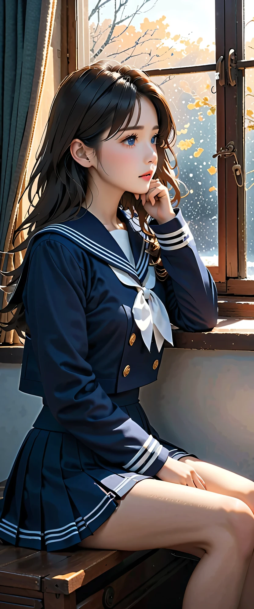 top quality、high definition、(high image quality:1.3)、masterpiece、detailed background、Highly Detailed Faces、detailed eyes、age beauty、
Pale light shining by the classroom window、(A girl wearing a dark blue winter sailor suit was sitting quietly by the window:1.5)、Her long hair glides over her shoulders and shakes slightly with light、A girl was staring at me when she suddenly felt a gaze and looked up、(I'm just a little lonely, yet it's somewhere warm:1.5)、In contrast to the cold scenery outside the window, only her gaze had a strange warmth、very beautiful