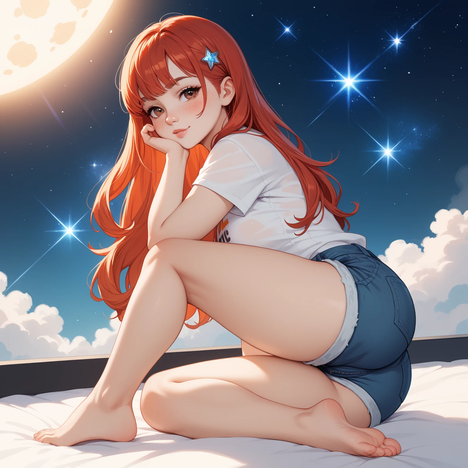 A bedroom window with the night sky, jovem deitada na cama com fome de ouvido, comfy clothes, olhando para a janel, Full moon and stars in the sky illustration (8K illustration), (Melhor qualidade) (Detalhes intrincados) (8K) (night  sky), red hair, golden eyes, wet, hot, panties.