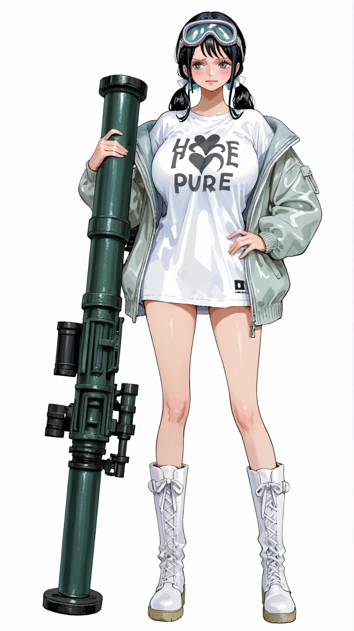 Five fingers、ArtStyle_OnePiece_MangaColored _ownwaifu、usnr、onepiecestyle、(onepiecestyle:1.2)、alone、girl、超details、pastel colorアート、(has a pure white background:1.4)、20%degree of background、details、detail eyes、pastel color、 beauty、Big Breasts、(Full Body:1.2)、upright、 standing、embarrassing expression、alone、alone、girl、超details、 pastel art、background is stark white、オン3pi3c3styl3、ground、pastel color、 beauty、Big Breasts、adults、(black)hair、twin tails、t-shirt、( grey)ロングjacket、Shy、 Rocket Launcher、( grey)jacket、sniper goggles、 28 years old 、Embarrassing Expression、long boots