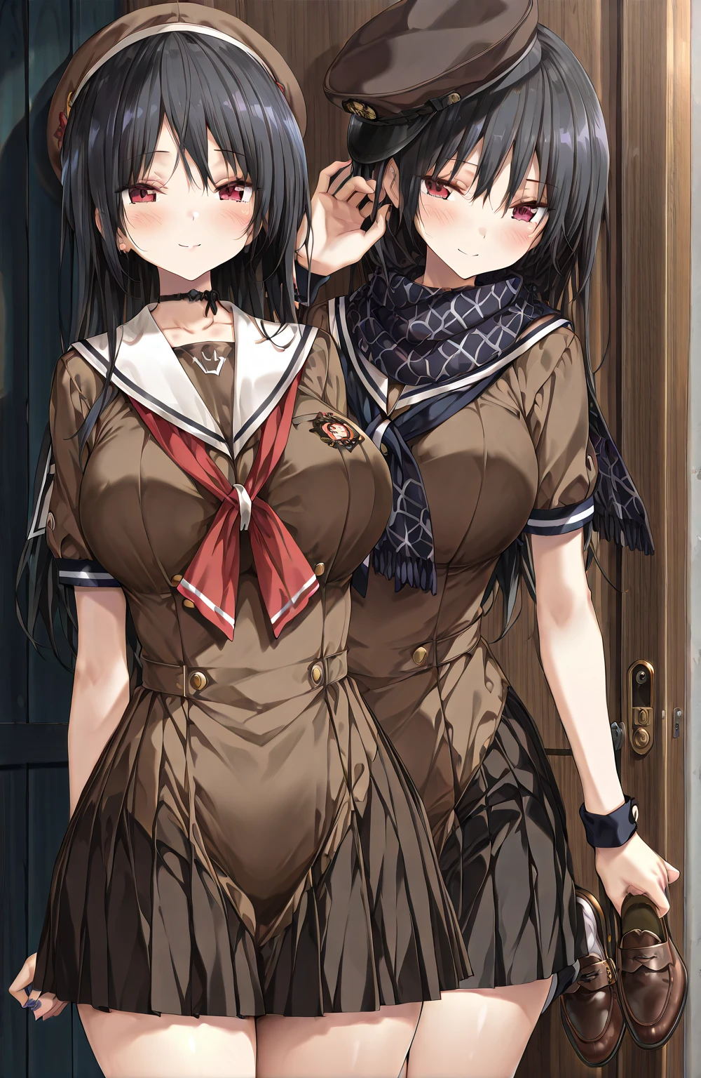 (full body, highest quality, masterpiece: 1.2),(long black hair,dull bangs), Japanese woman,beautiful face,blush, smile and laugh ,(Cowboy shot:1.5),((( short sleeve safe k , Cute white sailor suit, Dark blue pleated skirt, Navy color, Sailor scarf, socks, brown dress shoes))),(Take off your hat),(Big breasts:1.2),(from the front:1.1),To the backyard,during the day