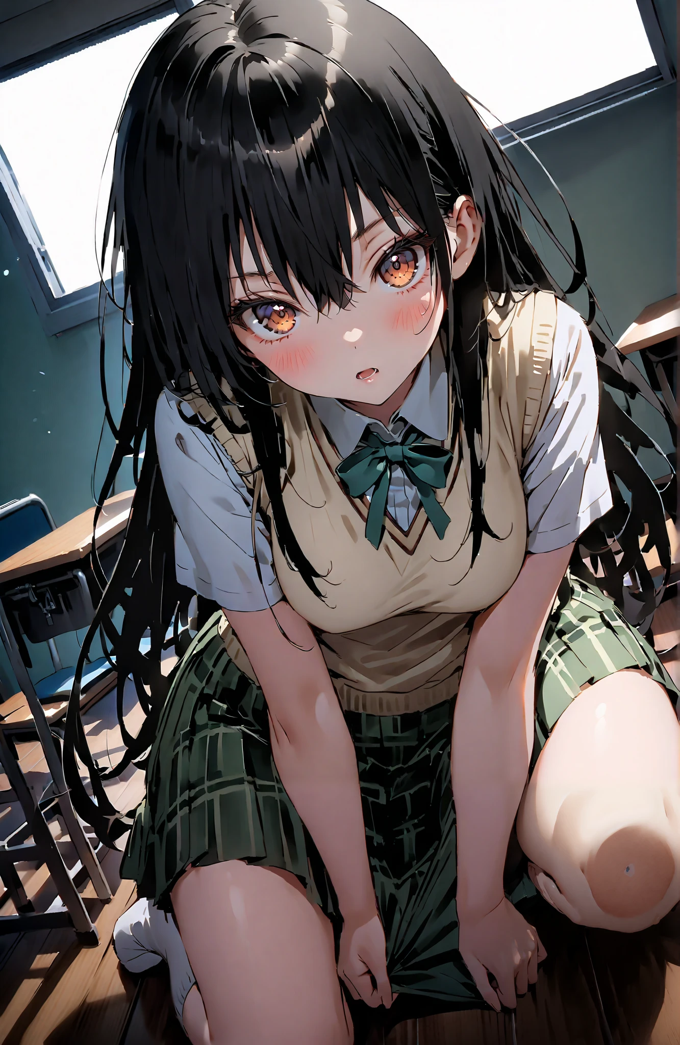 score_9, score_8_up, score_7_up, source_anime,
Yuikotegawa, Yui Kotegawa , Alone,black hair, brown eyes, long hair,
green skirt, thigh plaid, thigh plaid skirt, sainan high school uniform, school uniform, skirt, sweater vest, yellow sweater, Short sleeve, black high socks,standing,skirtタグ , eyelashes skirt tug,skirt,Lift of the Wind ,angry,embarrassing,blushes,open their mouths, machine,chairs, blackboard ,angle from below,full bodyがイラストに入るように,break indoors, classroom,
break looking at viewer,full body,
break (masterpiece:1.2),top quality , kampala, Unity 8K Wallpaper ,(shape:0.8),( fine, beautiful eyes :1.6),It's a person ,full body写真,CG Details , (perfect hands,complete anatomy),
