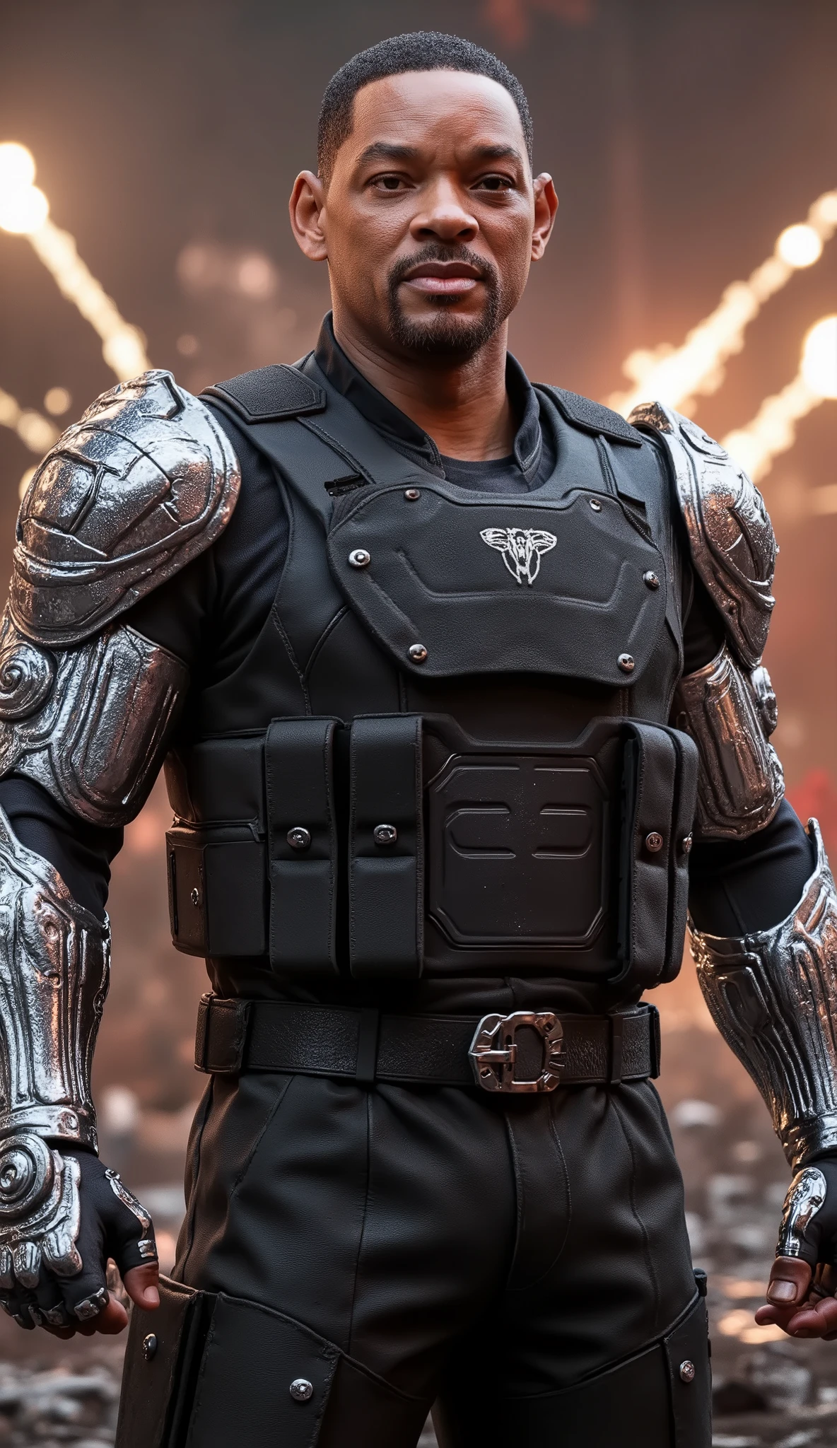 super realistic image , with a brilliant and detailed look, focus on the upper body: "Hyper-realistic and humanized close-up of Samuel L. Jackson as Jax with forearms of super bright adamantium would be an absolutely imposing and lethal sight! Imagine Samuel L. Jackson uses his firm and unwavering gaze, wearing a reinforced black military suit, adjusted to his imposing physical structure. His tactical vest bears battle marks, but his absolute highlight are the **metallic adamantium forearms**, shining with an almost mirrored silver reflection, radiating devastating energy. The metal plates have subtle, details such as small inscriptions and embedded circuits, indicating advanced technology. He positions himself ready for combat, each movement of his arms producing a powerful metallic sound, as if the very strength of the Earth was compressed in his blows. With a confident smile and his deep and striking voice, he stares at his opponent and says: The setting could be a futuristic arena filled with metallic debris, reflecting the intense light of explosions and electrical bolts in the background. When Jax—played by Samuel L. Jackson—plays his role **fatality**, he hits the ground hard, , creating a shockwave that sweeps the ground and pulverizes the enemy in a shower of shiny debris.  if you want  ,  I can create an image bringing that epic vision to life  ! Greg Rutkowski. dramatic lighting. 8k. 8k, ultra detailed, rendered in octane . ultra-detailed textures, cinematic lighting, resolução 8k, photorealism and dramatic atmosphere." 8k,  details rendered on Unreal Engine 5 .
