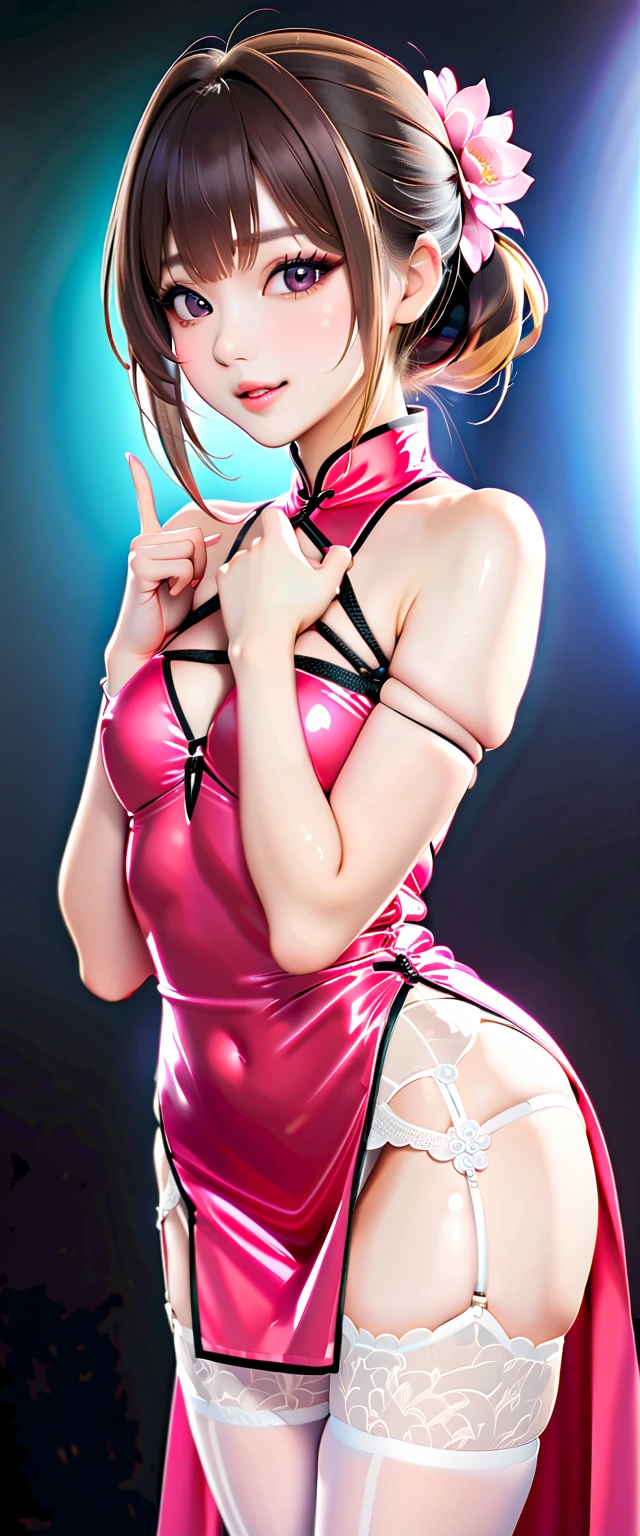 best qualityer, Mature woman alone, Giant tits, giant ass, very curvy, blonde style hair, Evil pink eyes, fleshy lips, seducer, ribbon in hair, choker, sexy fishnet bodysuit, silver hoops, thick-thighs, curvy physique