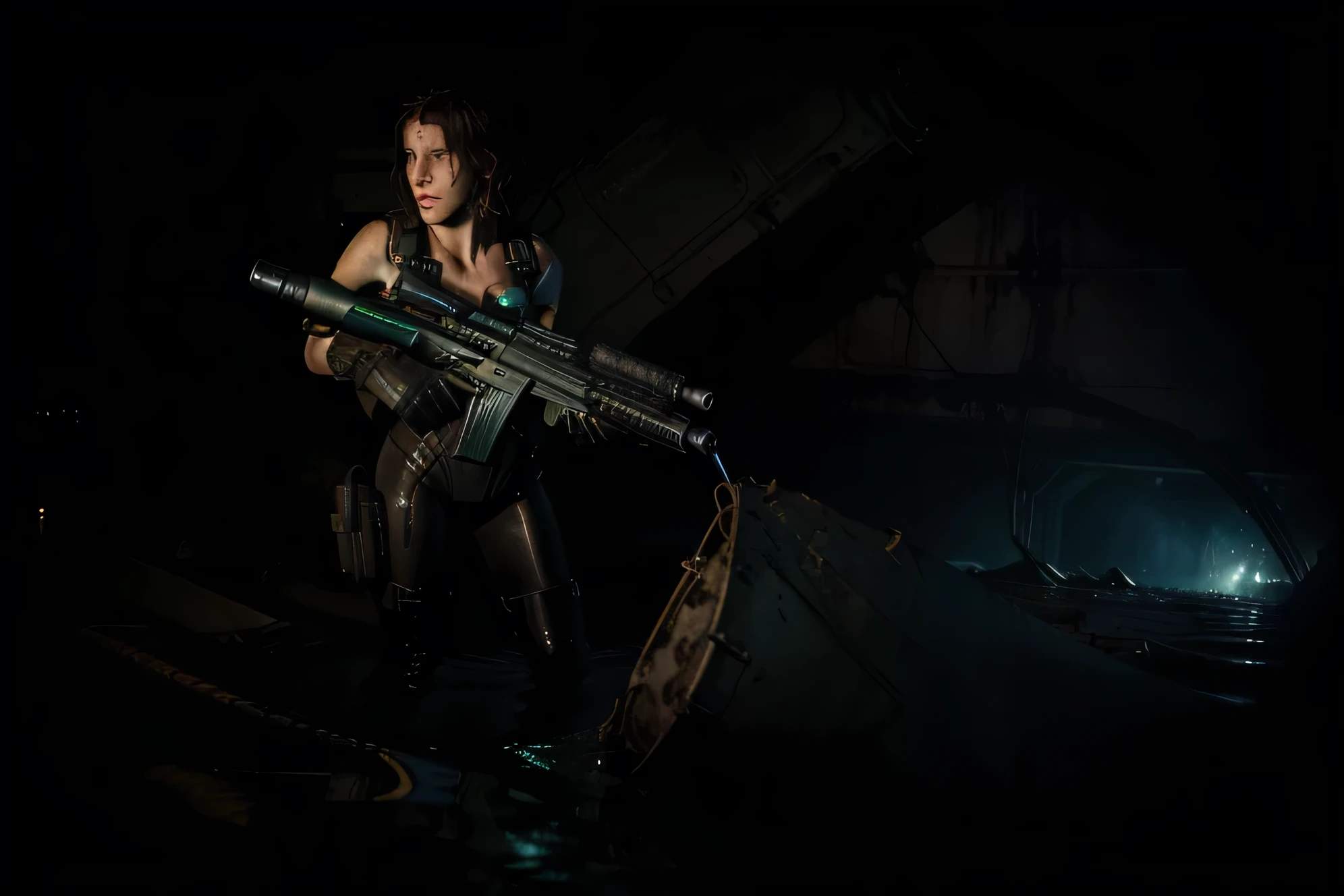 Hot terrified Sci fi Amy Adams with slick hair with pony tail holding a sci fi pistol on Ishimura Horror Space Ship photography, natural light, photorealism, cinematic rendering, ray tracing, the highest quality, the highest detail, Cinematic, Third-Person View, Blur Effect, Long Exposure, 8K, Ultra-HD, Natural Lighting, Moody Lighting, Cinematic Lighting
