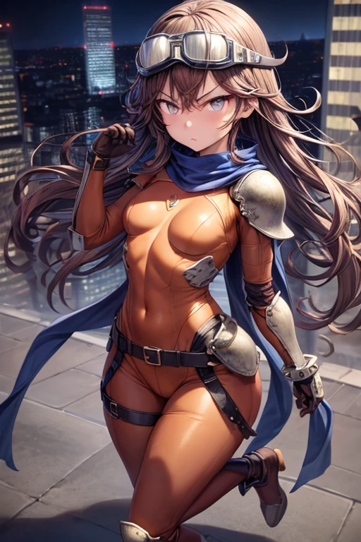 1girl, medium breasts, leotard, bare legs, gloves, boots, superhero, standing, hands on hip, city backdrop, (beautiful detailed eyes:1.6), (perfect hands, perfect anatomy), kumiko oumae, smile