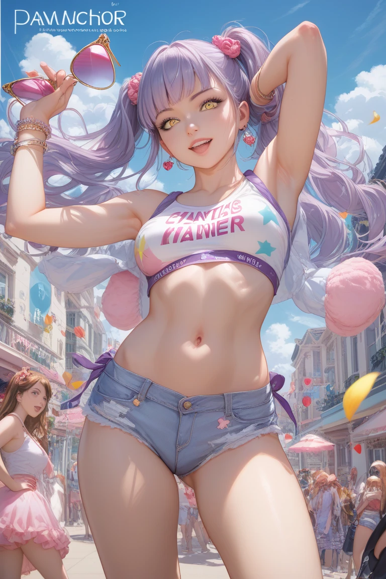 masterpiece, best quality, 1 girl, pretty and cute, (rainbow color Highlight Hair,colorful hair:1.4), wearing blue and purple sunglasses, yellow jacket with white pattern, white sweater, many colored balloons, doll face, ponytail braid, perfect detail eyes, delicate face, perfect cg, HD quality, colored balloons, sky ,black boots