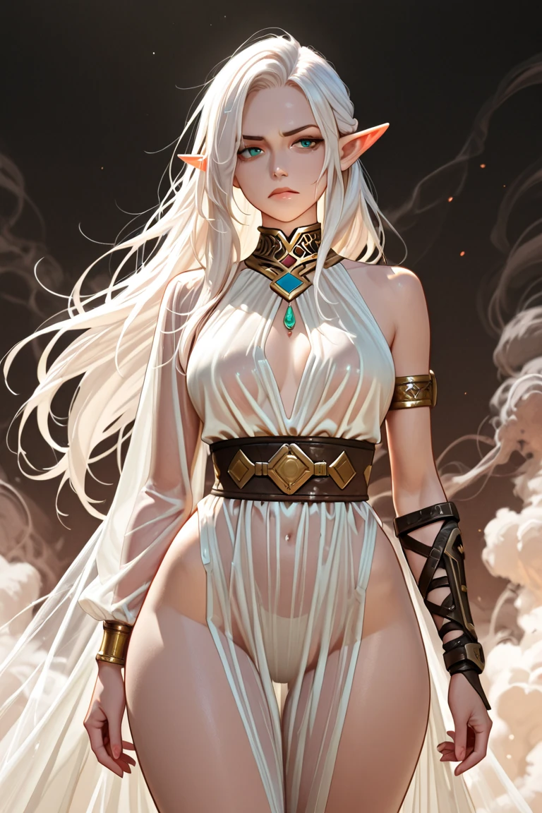 (masterpiece: 1.2), (best quality), (1 female elf holding a glowing staff), big breasts, elves, elf ears, (dynamic position), (shiny skin), (darkskin), black dress, high-heels, white background, white ponytail, brians, (jewellery), (gold ornaments:1.15 ), white hair, large pelvis