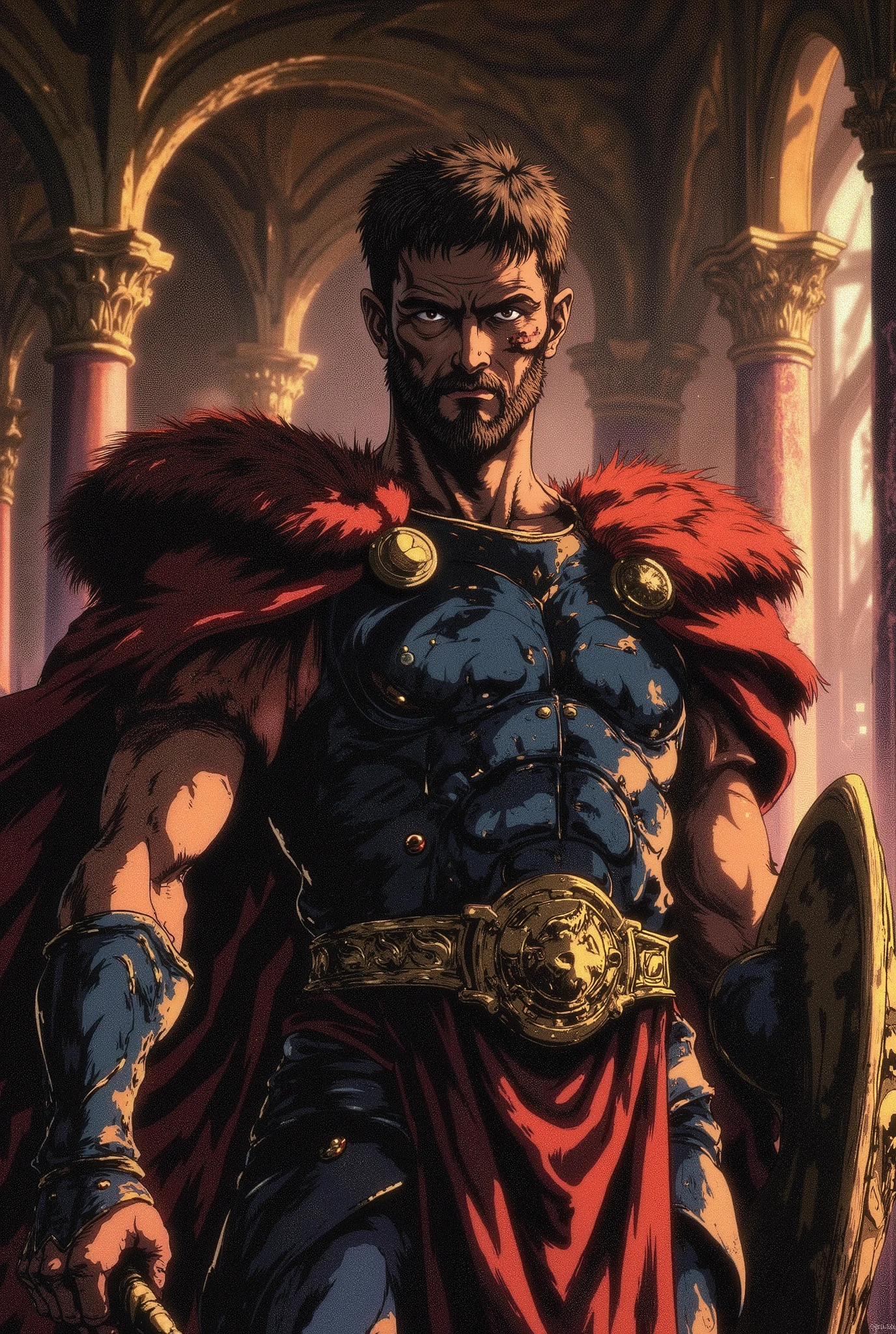 man,with short black hair , short beard , Sicatriz on the left eye, wearing gladiator Black armor, Inside a luxurious castle , brown eyes, imposing expression.