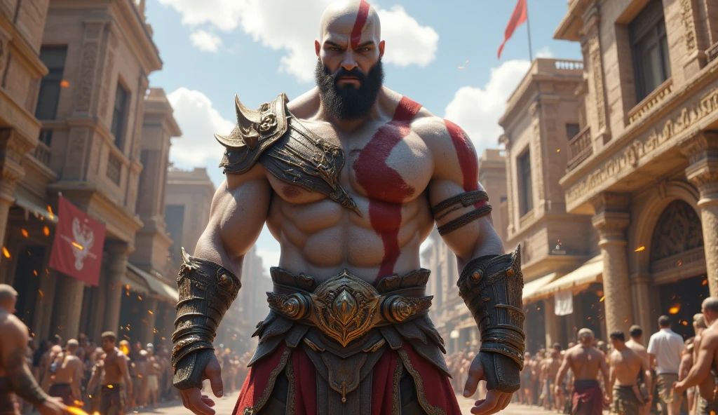 Stoic statue of Kratos, with an expression of anger, wearing tunic, Noite escura, fundo grego antigo do templo, 35 mm, lateralmente, Filmado em Sony A7S III com Sony FE 35mm f/1.8, 12.1 MP, --AR 3:2 --estilo cru