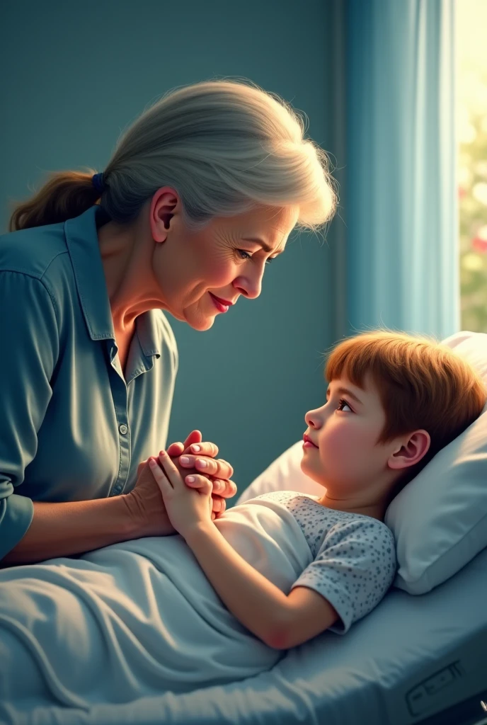Creating Disney Pixar Images,A middle-aged mother standing next to the hospital bed,Showing worry and concern for his son