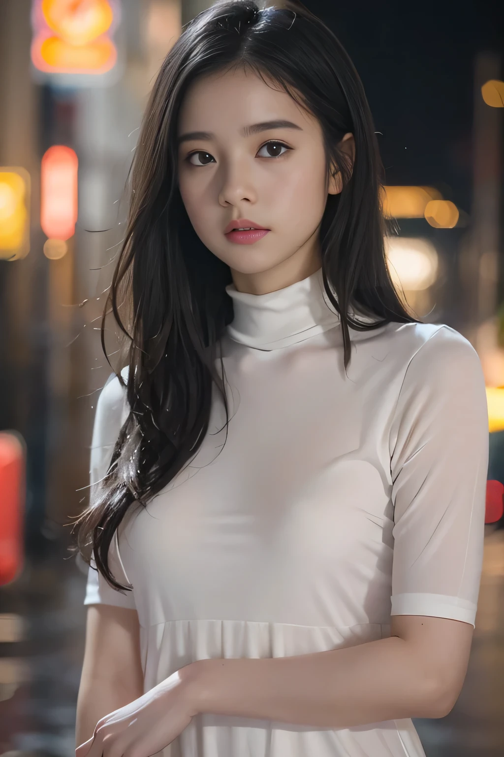 realistic photos of 1 cute Korean star, ponytail hair, white skin, thin makeup, 32 inch breasts size, wearing long sleeves crop top, pants, walking on the hill, close-up portrait, night, moon is backdrop, cinematic lightning, UHD