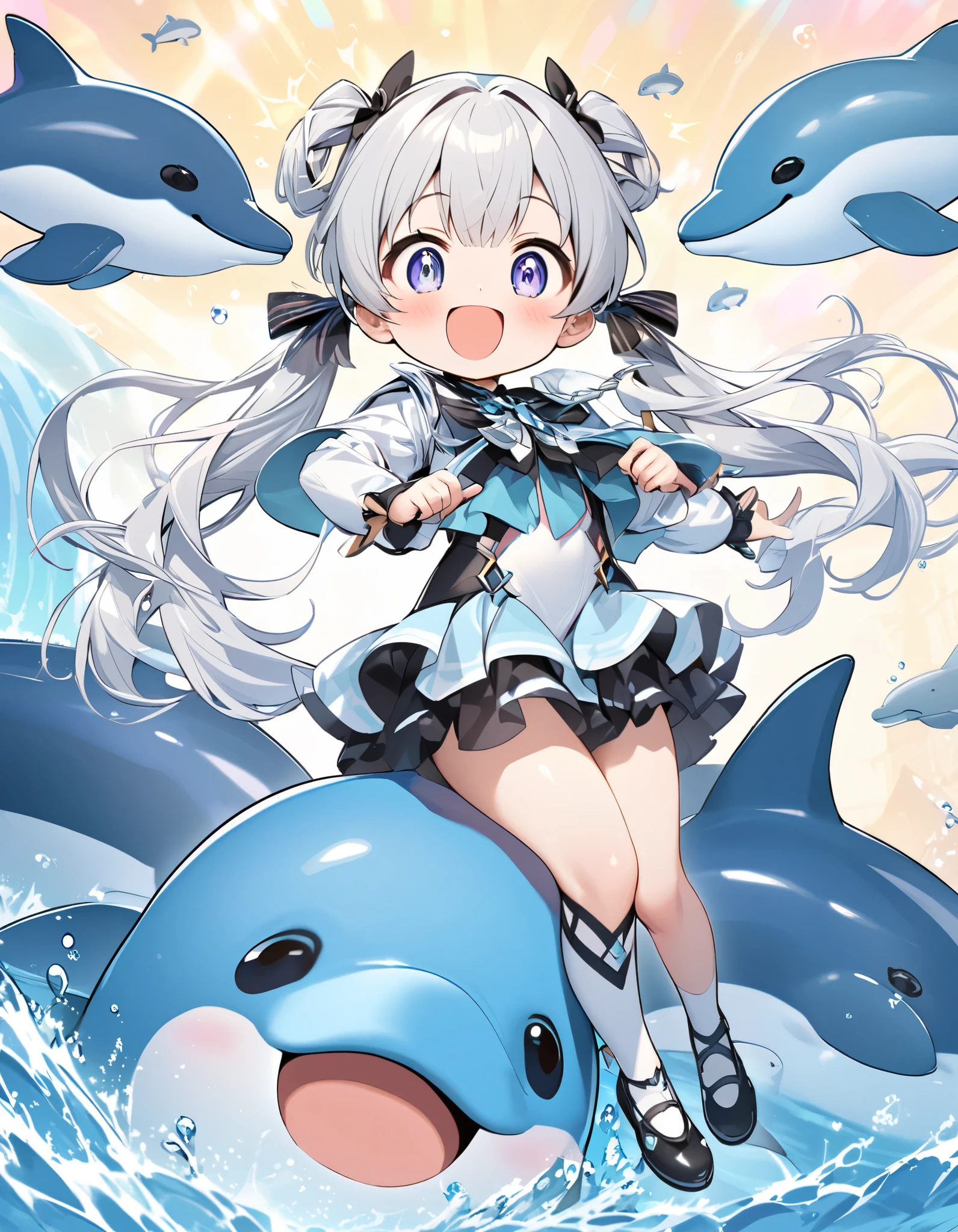 masterpiece、The highest image quality、Chibi、Cute、Girl personified a penguin、full nude、spread legs, dynamic angle,The best smile、细致背景